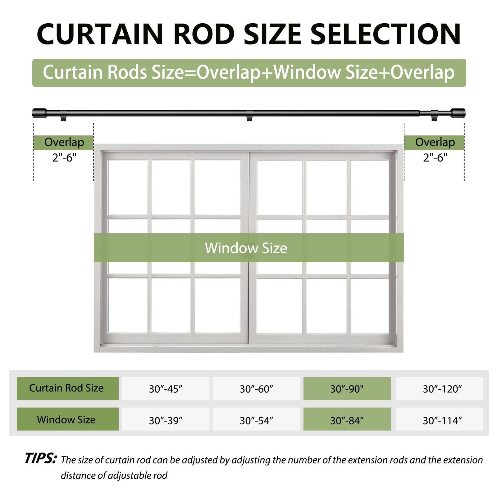 5/8” Diameter Curtain Rods 30-90 Inch, for 30-84 Inch 30-90″/1 Pack, Black