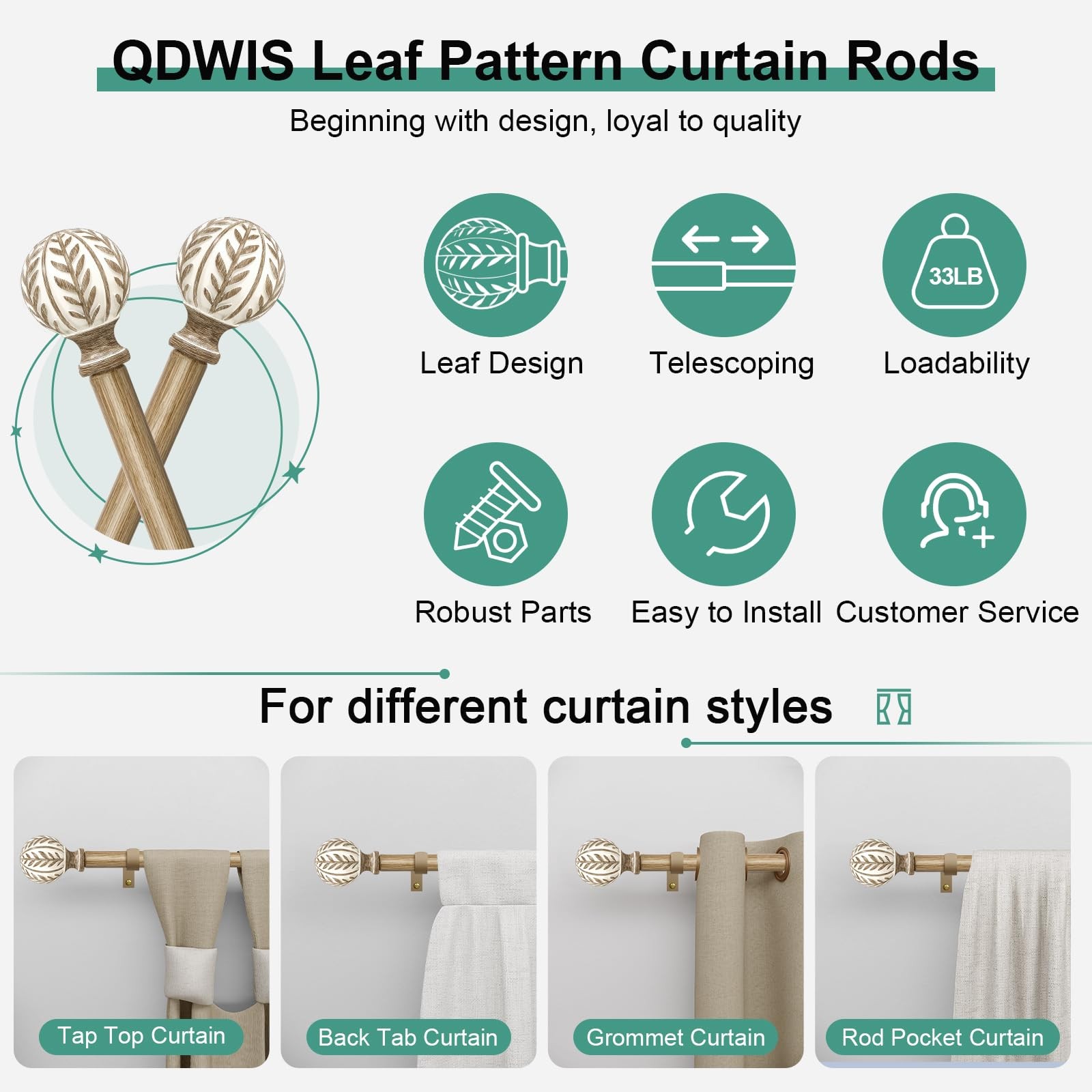Boho Wood Curtain Rods for Windows 48 to 84 inch,1″ Adjustable Heavy Duty Win…