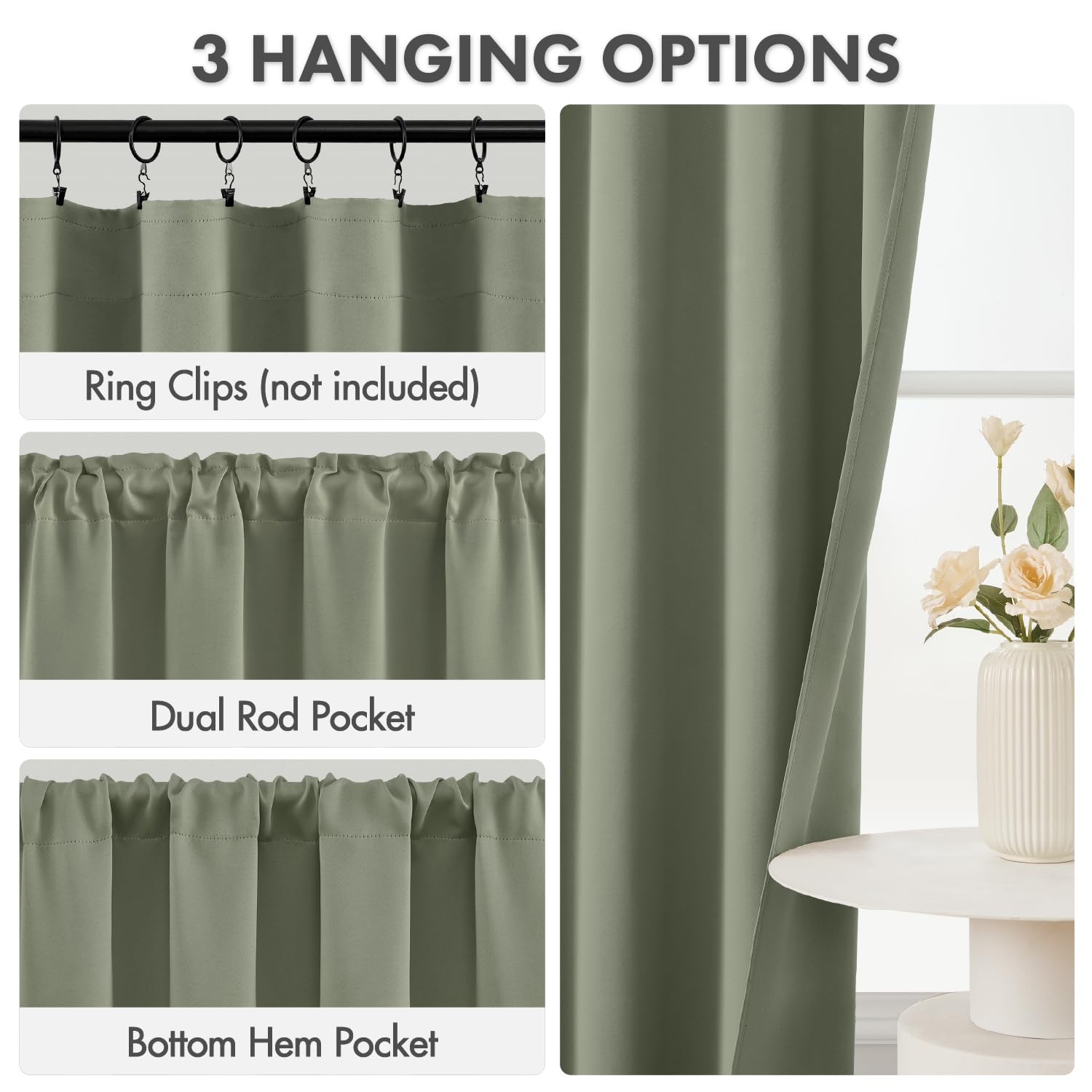 Blackout Curtains 4 Panels Sets Sage Green 63 Inch Length, Top and Bottom Rod…