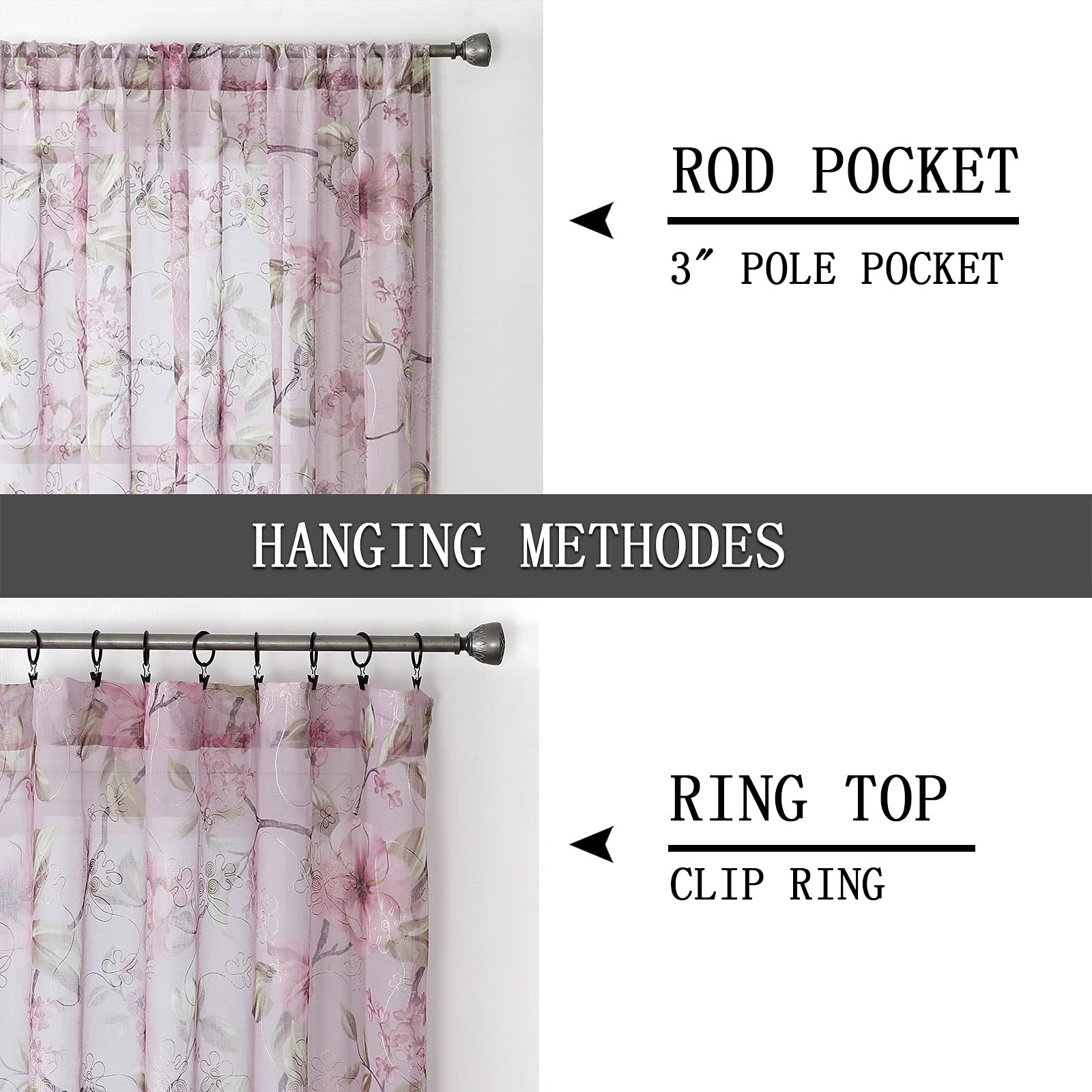 Tollpiz Sheer Curtain Pink Flower Leaf Printed 54″W x 45″L (Pack of 2),
