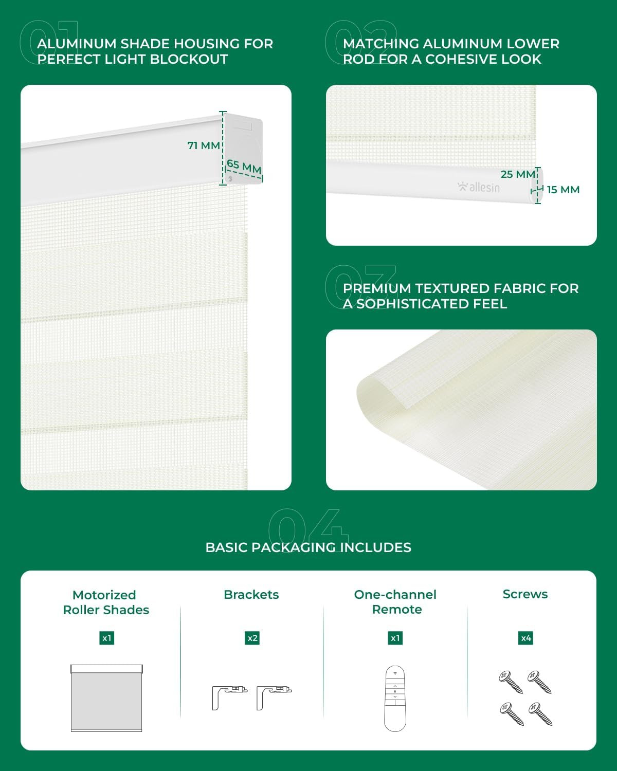 Remote-Controlled Zebra Blinds | Electric Dual Layer Shades, Pearl White 33×72