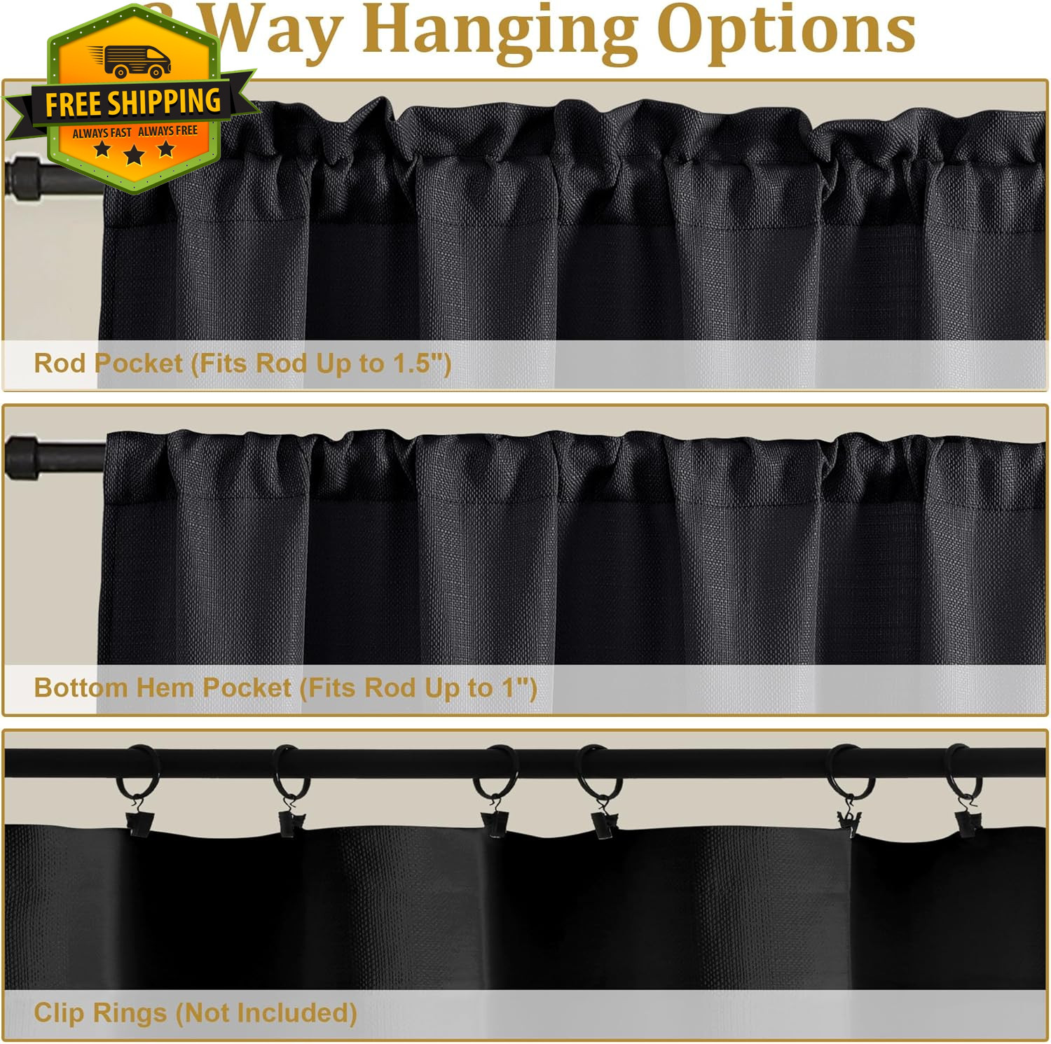 Black Faux Linen Valance 60x14in Kitchen Curtain Small Window Rod Pocket