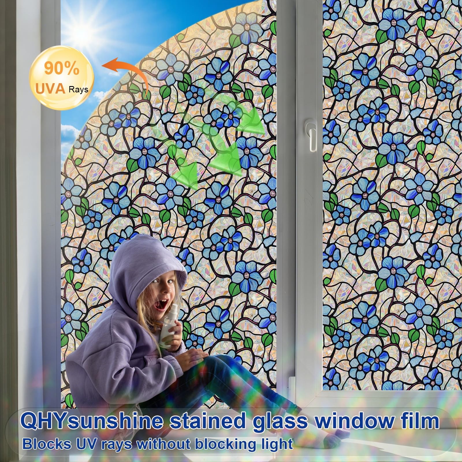 QHY Sunshine Privacy Window Film with Installation Tool Decorative Stained Gl…
