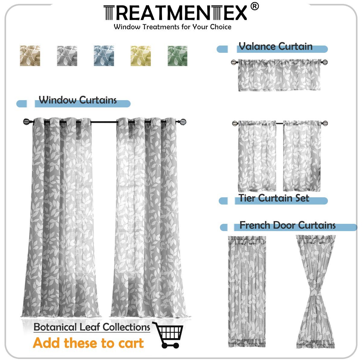 Blue White Curtains for Living Room 63″ Length Leaves Print Semi-Sheers Curta…