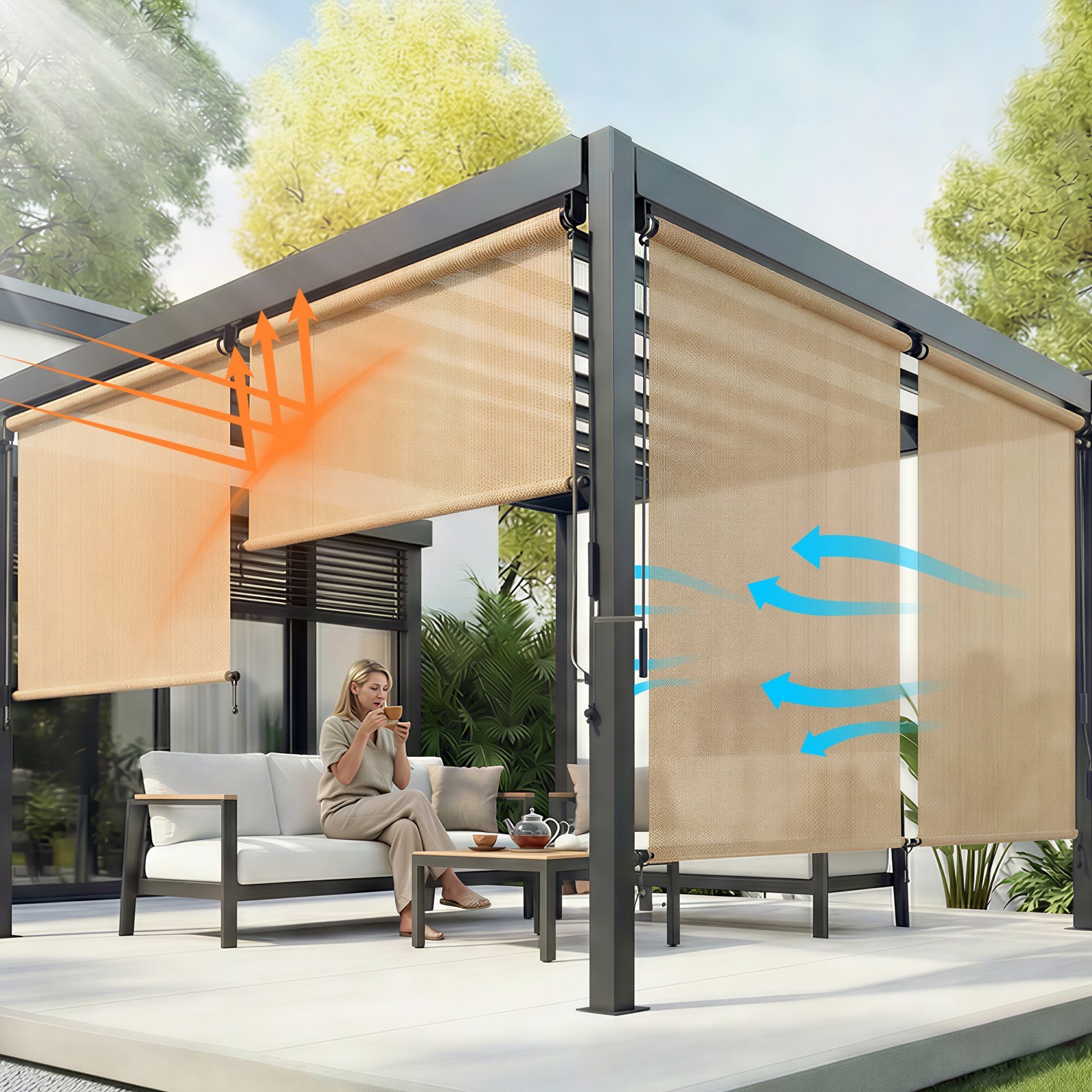 Patio Roller Shade HDPE Fabric Outdoor Cordless Roll Up Shade for Porch Beige