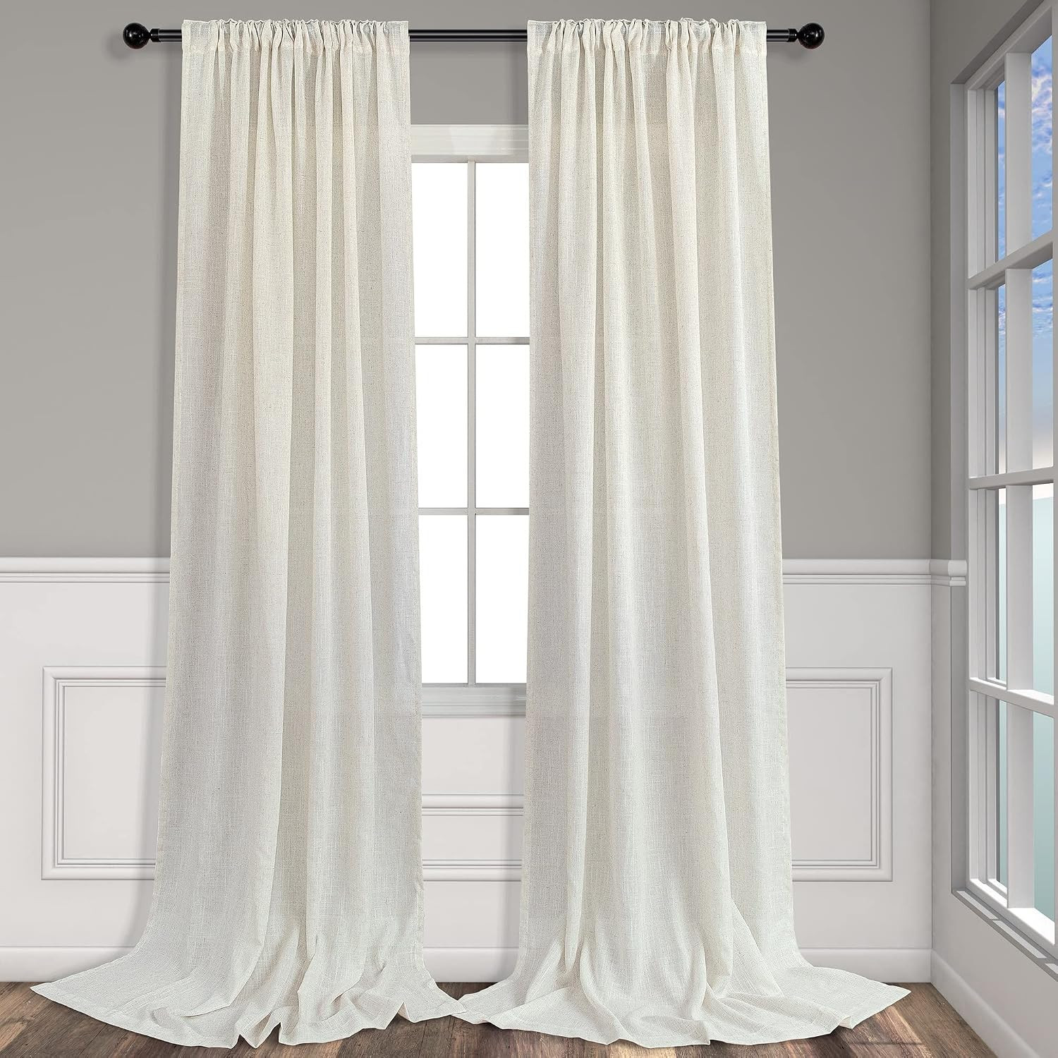108 Inch Linen Blend Curtains 2 Panel Set Semi Sheer Back Tab Rod Pocket Beige