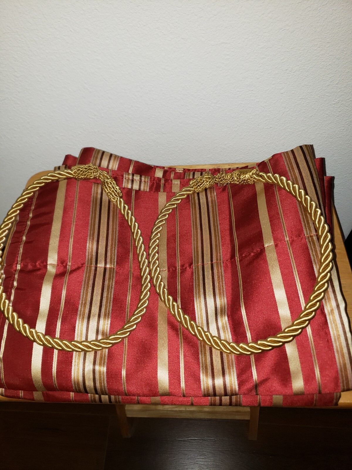 2 Pc Curtain Panel Set Burgundy Gold Striped With Tie Backs Dimout Approx 82×53