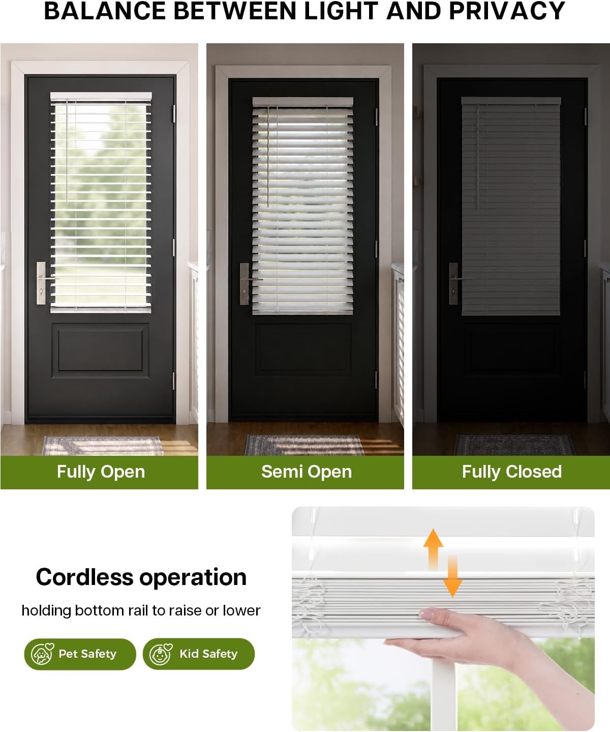 2″ Faux Wood Blinds for Doors, Cordless French Door Blinds for , Light Filtering