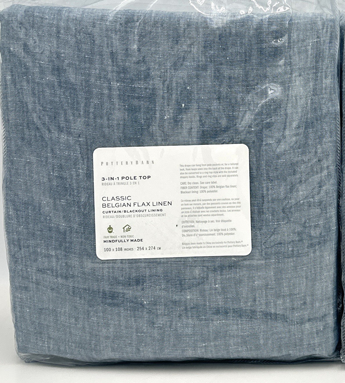 Pottery Barn Linen Curtain Belgian Flax Blackout Drape~100×108 ~Chambray Blue