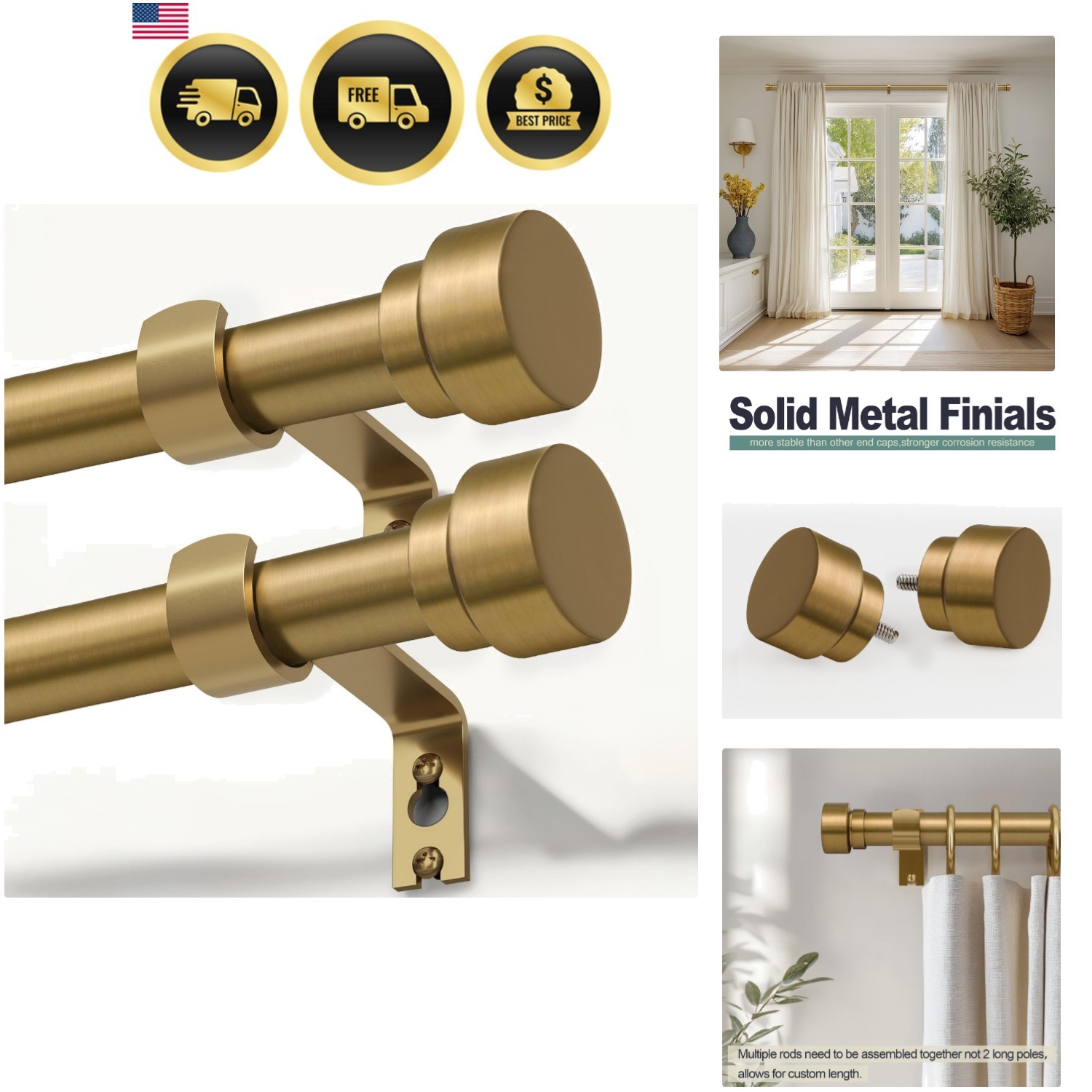 2 Pack Warm Gold Curtain Rods for Windows 48 to 84 Adjustable Length Heavy Du…