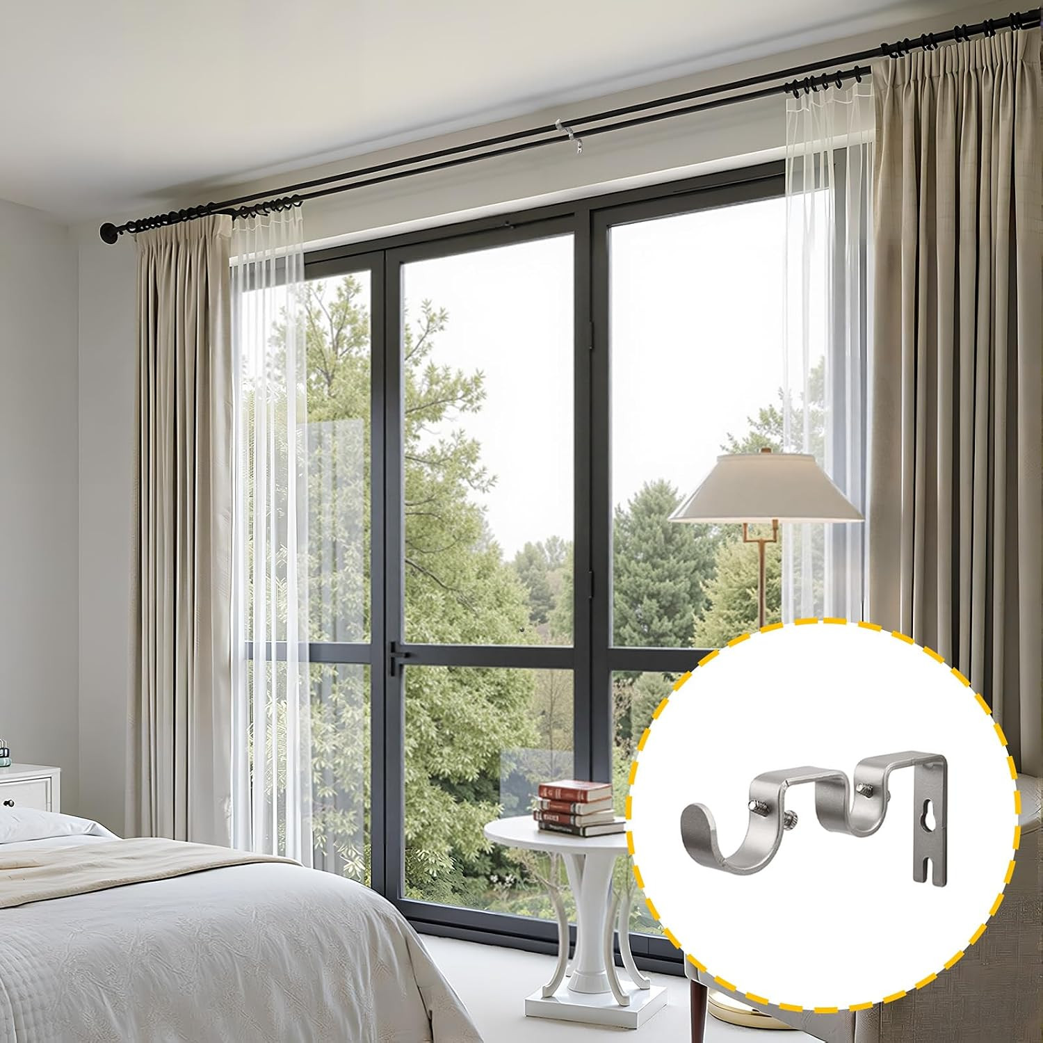 Double Curtain Rod Bracket,6 Pack Metal Curtain Rod Holders for Wall,Sturdy