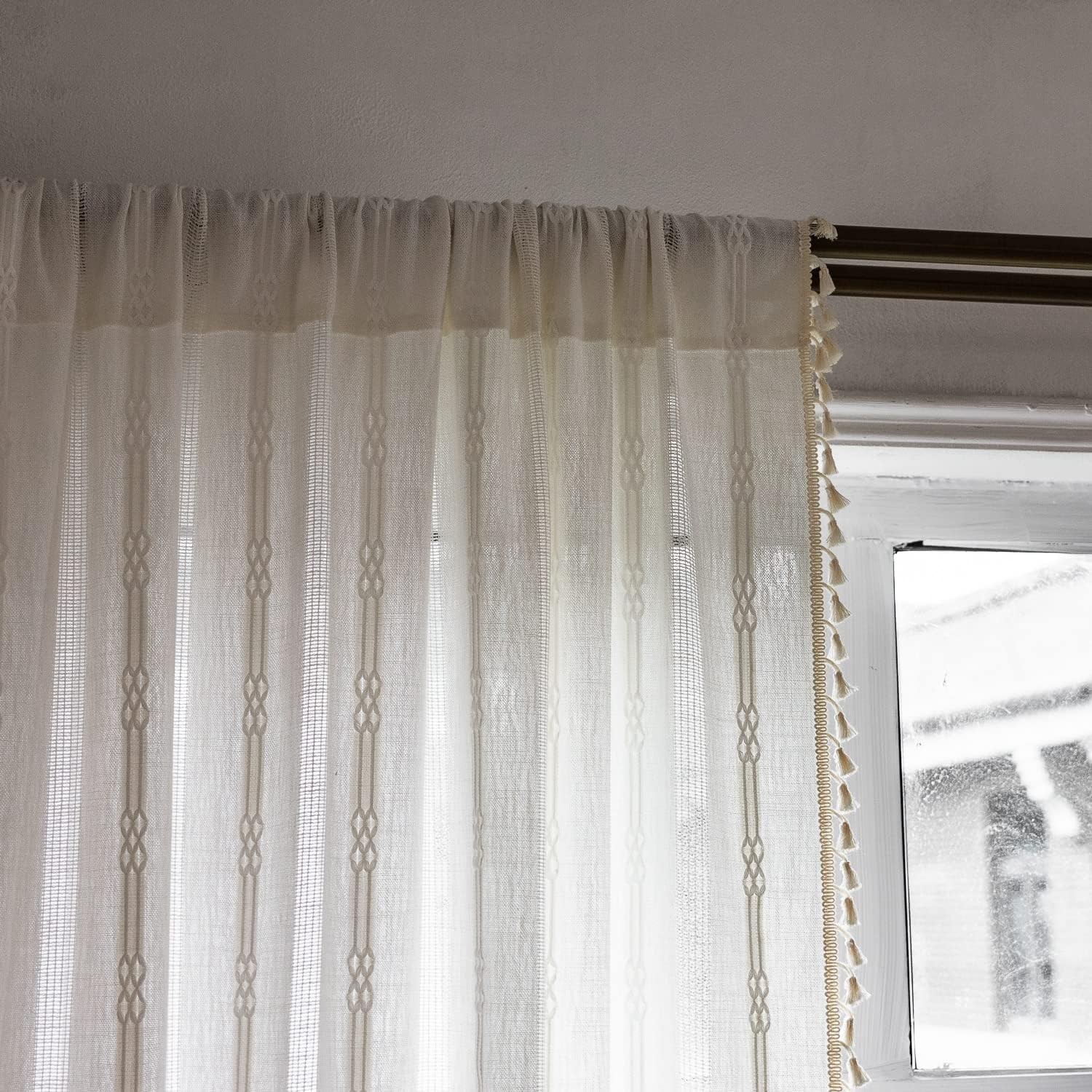 Bohemian-style embroidered linen curtains, 96 inches long, 2 panels,