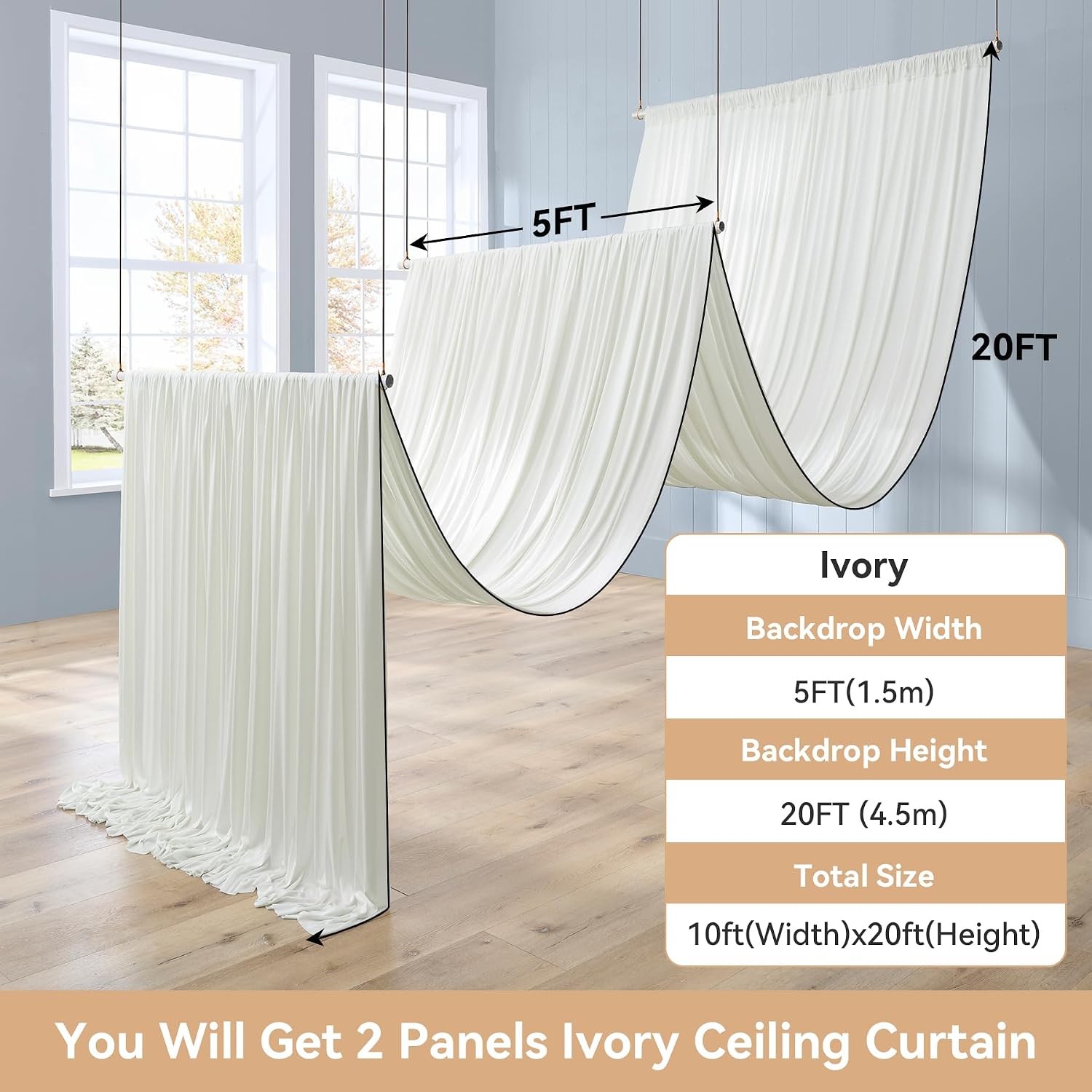 Ivory Ceiling Curtain Panels 10ft x 20ft for Weddings & Parties – 2 Pack
