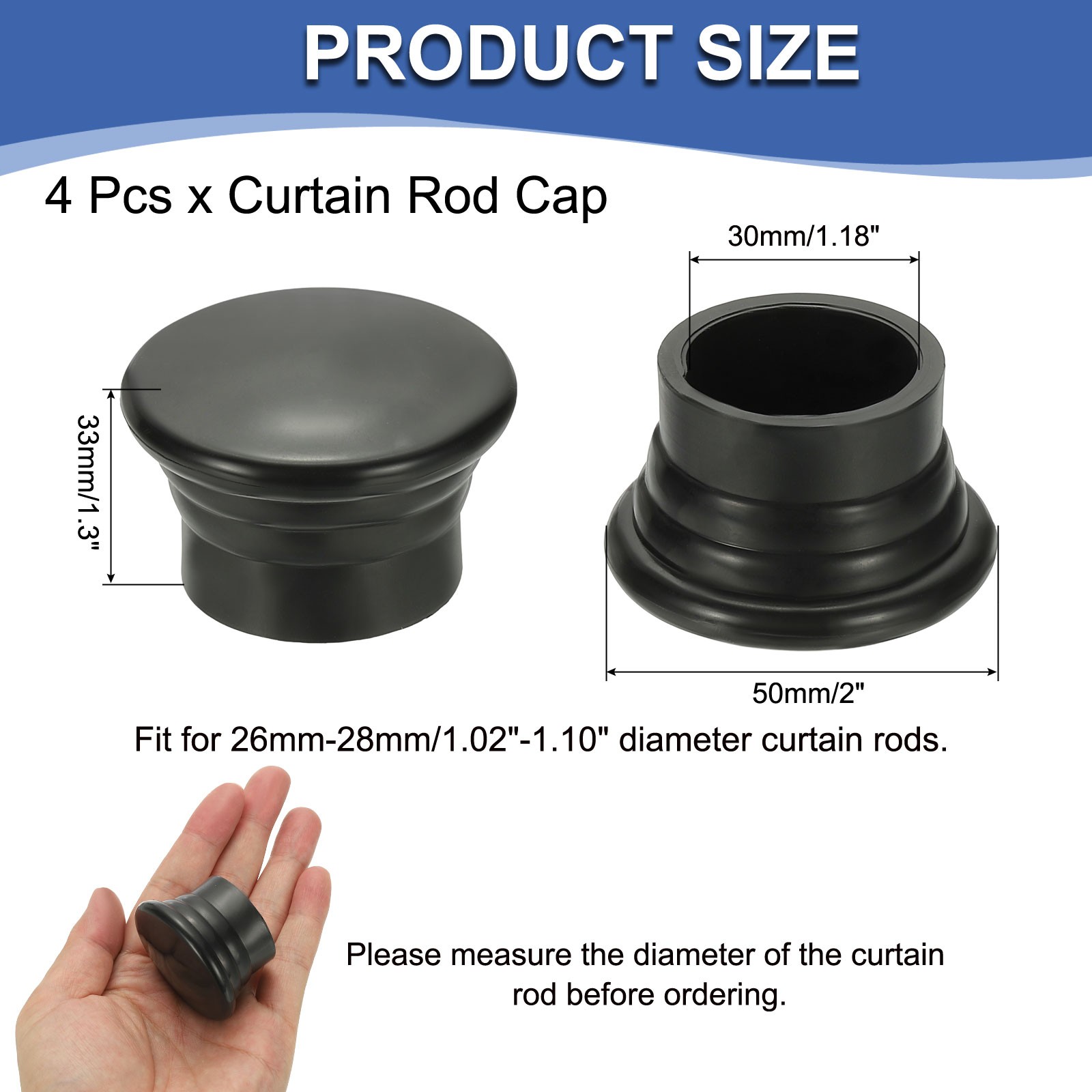 4Pcs Curtain Rod Ends Plastic Fits Dia 26-28mm Rods Window Black