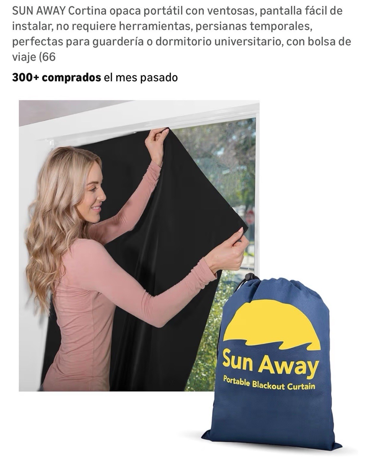 Sun Away Blackout Portable Curtain 66x66in Window Mount w/ Travel Bag