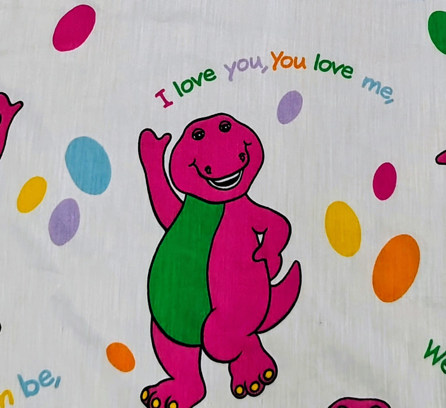 1 Vtg Barney Window Curtain Panel Purple Dinosaur Fabric 1992 I Love You