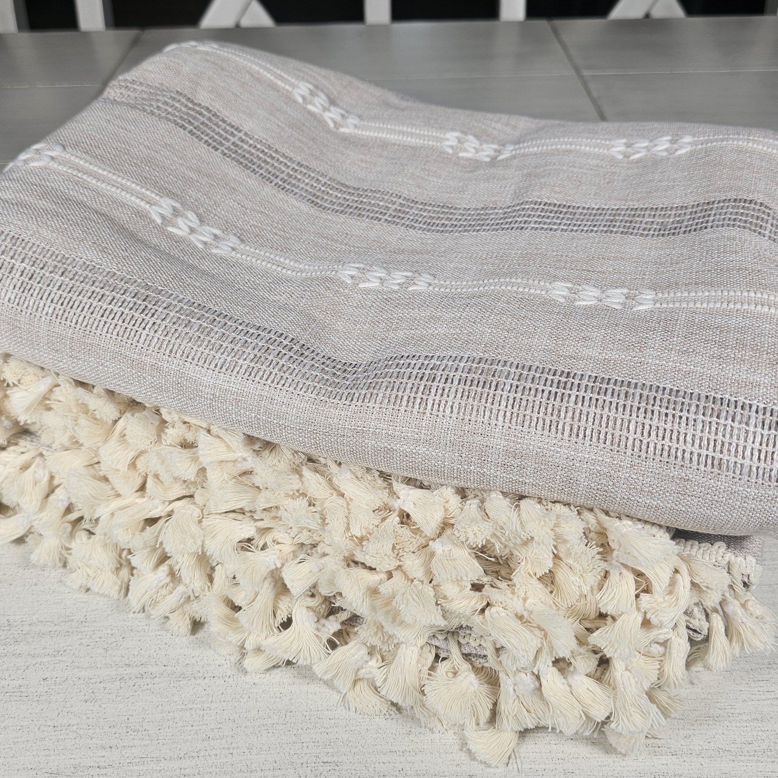 2pc Linen Curtains Embroidery Striped Farmhouse Tassel Boho Curtains 52×108(B6)