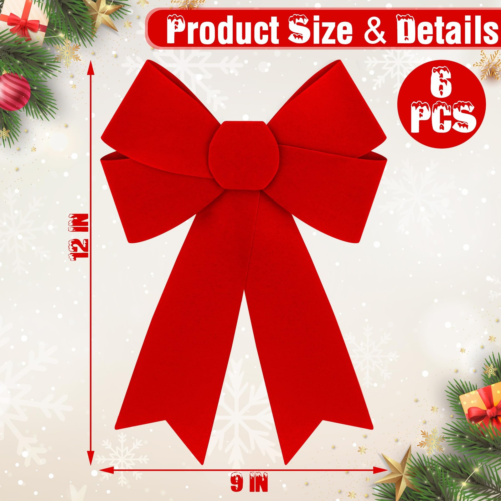 6 PCS Large Red Velvet PVC Hanging Christmas Bows, 9 x 12 Inches – Indoor/Out…
