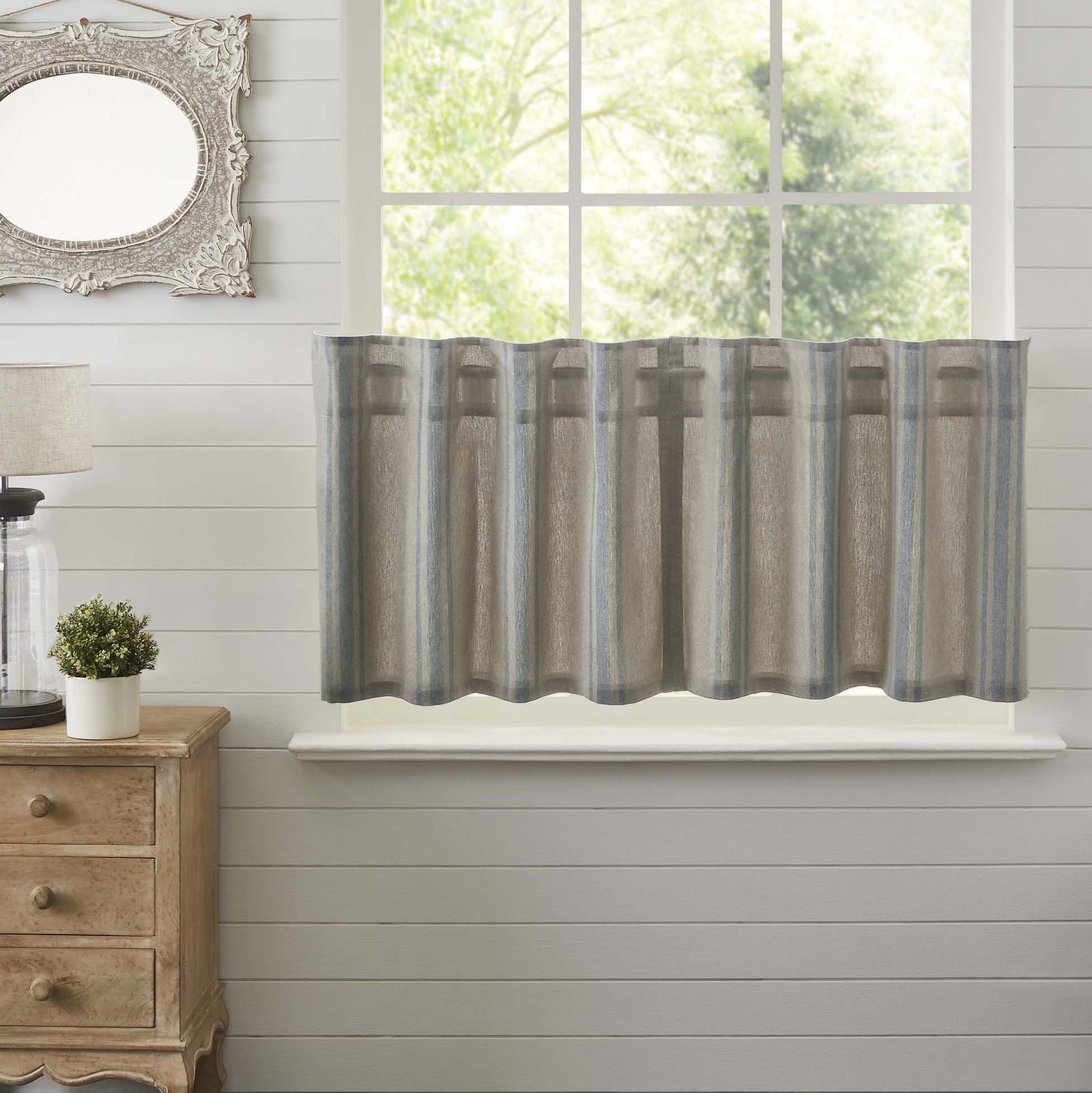 VHC Brands Farmhouse 24″x36″ Tier Pair Blue Rod Pocket Kitchen Window Curtains
