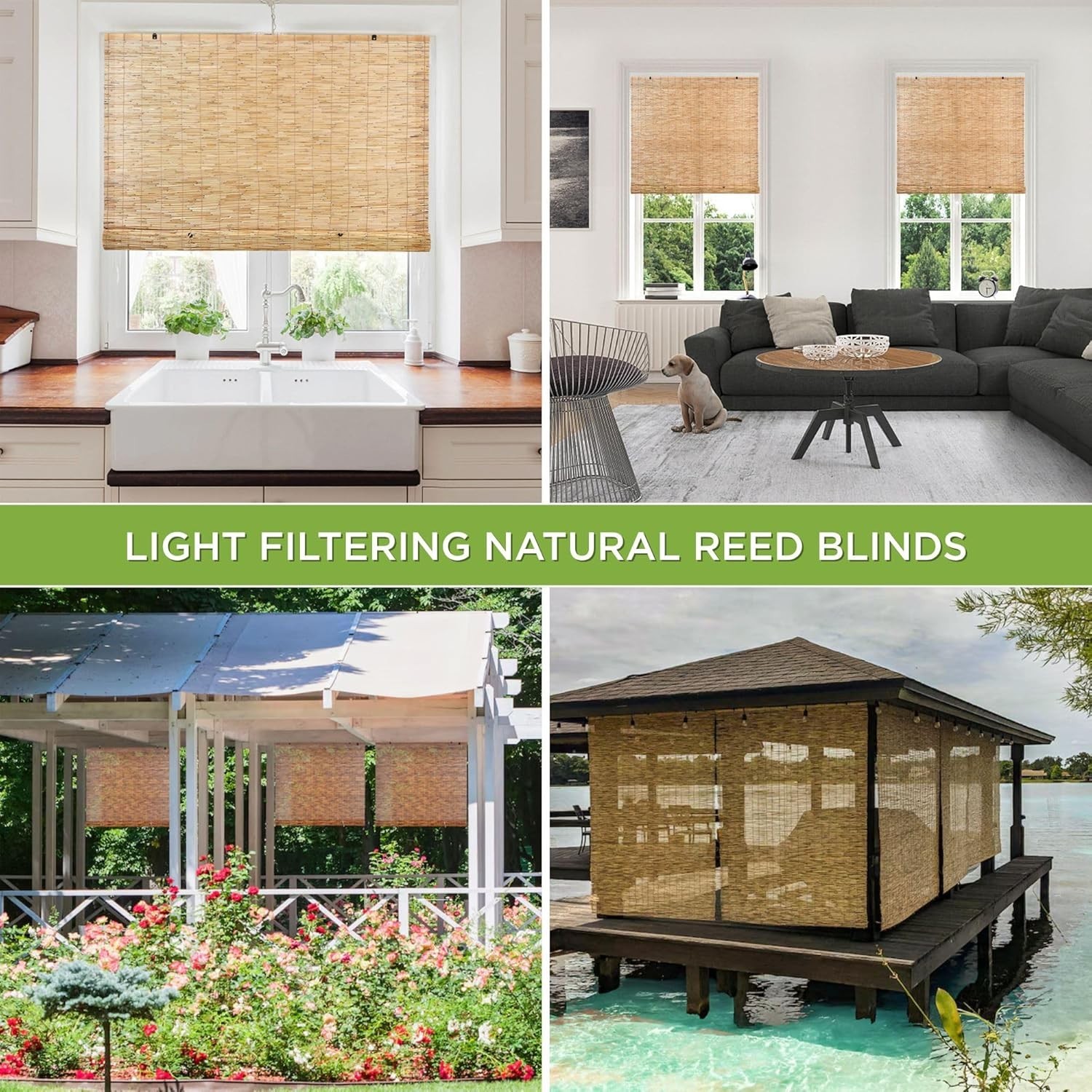 Natural Light-Filtering Bamboo Roller Shades for Windows – 48 in W x 72 in H
