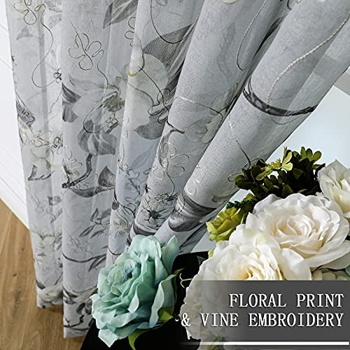 Sheer Tier Curtains Grey Flower Leaf Printed Floral Embroidered Half Window