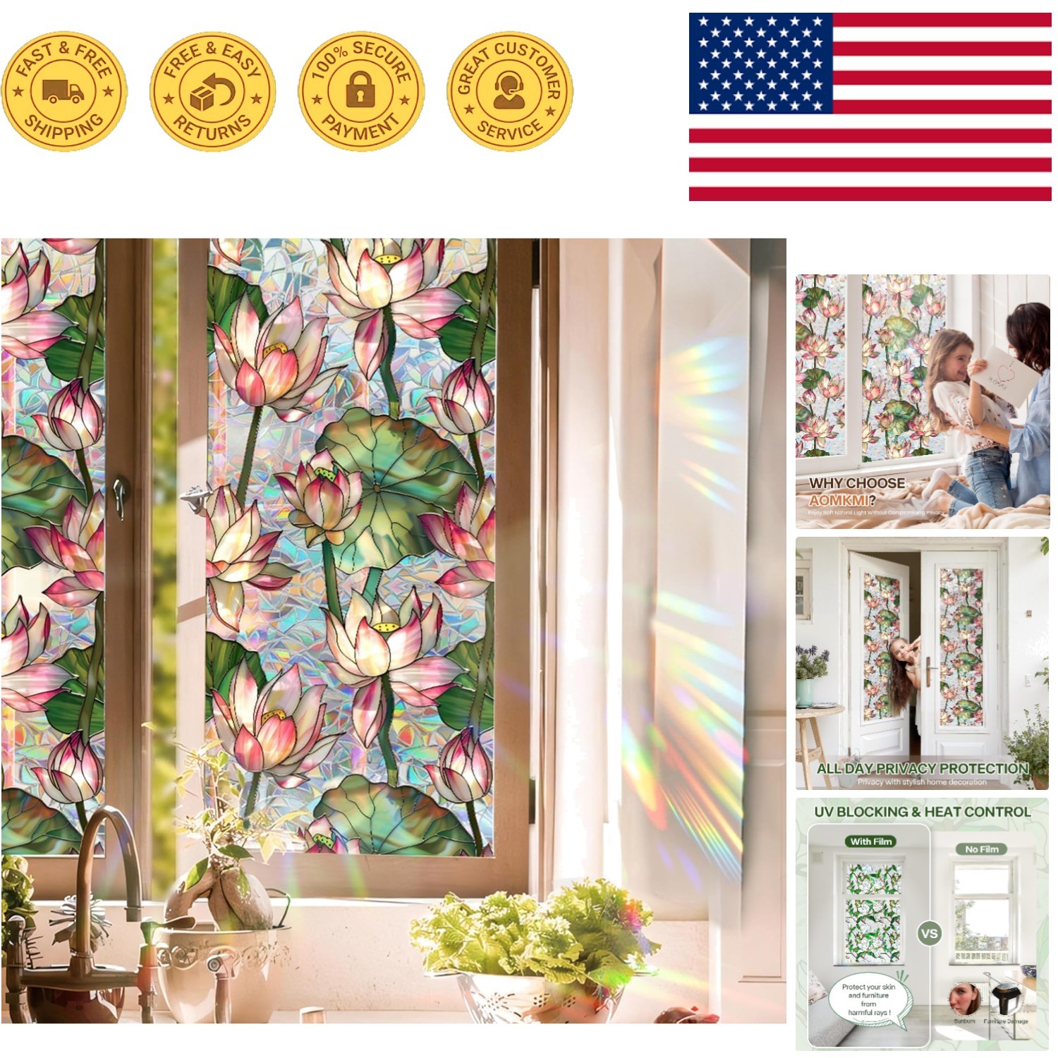 Stylish UV Resistant Window Film – Lotus Floral Design for Living Space Elegance