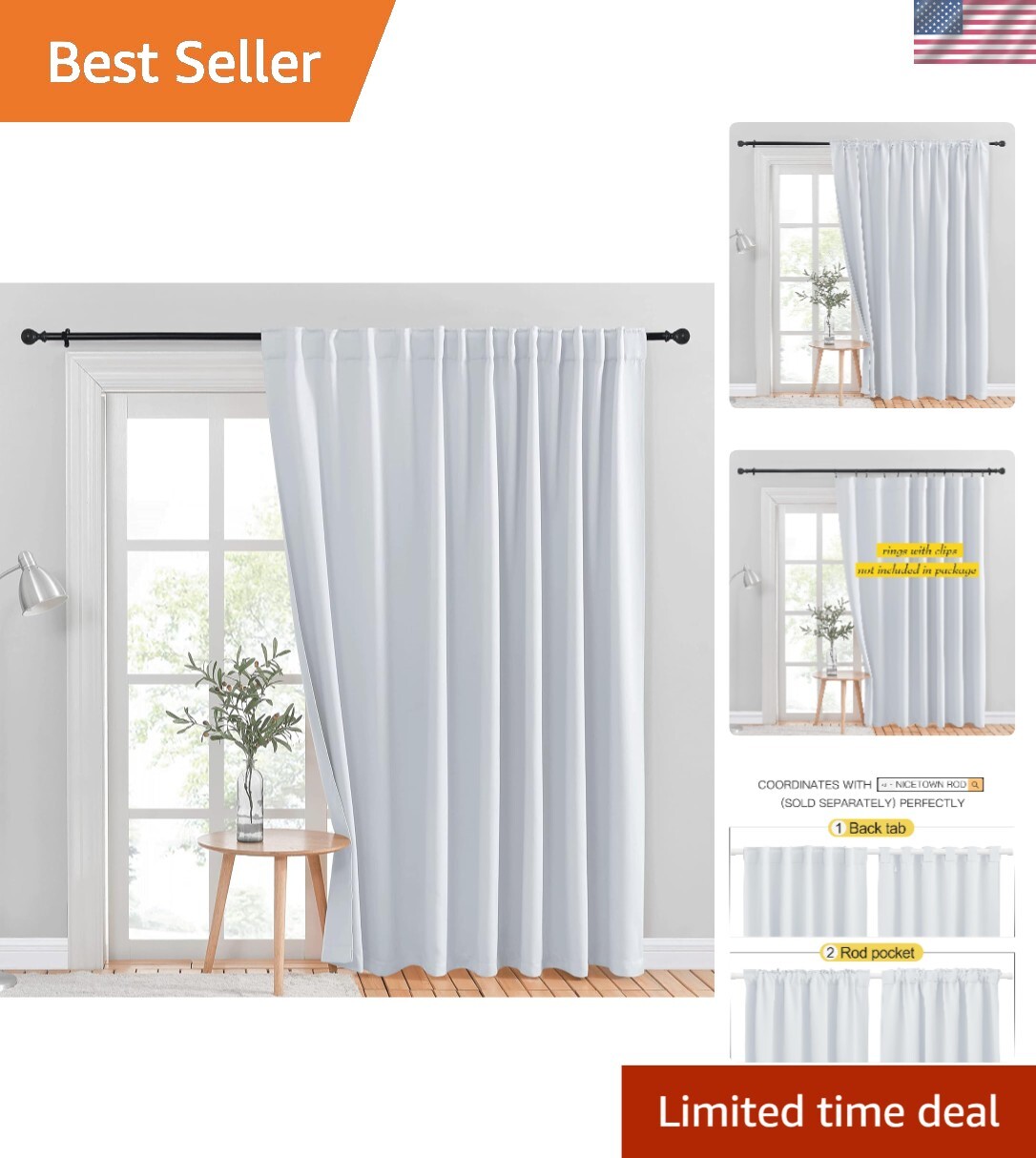 Energy Smart Blackout Sliding Door Curtain – Extra Wide 100″ x 84″ Greyish White