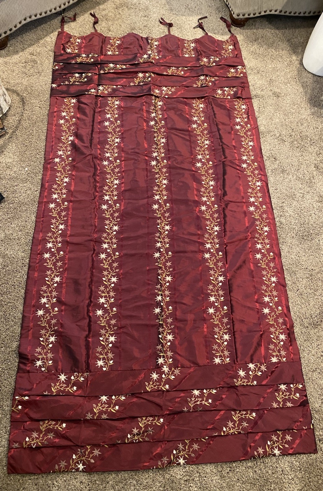 Curtain Panel Floral Embroidery Maroon Lined Custom Made 99”+ Ties 48” Repurpose