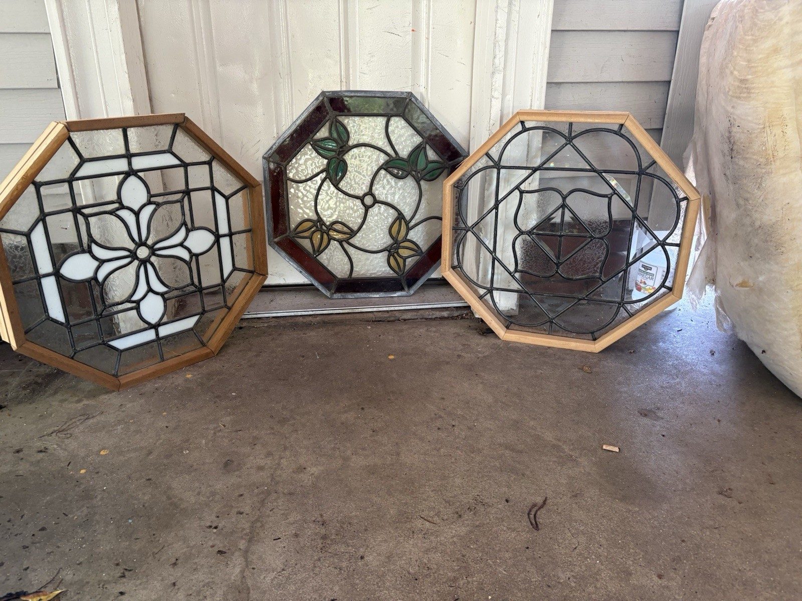 Lot of 3 Octagon Antique Leaded Stained Glass Window Panels Framed in Wood.