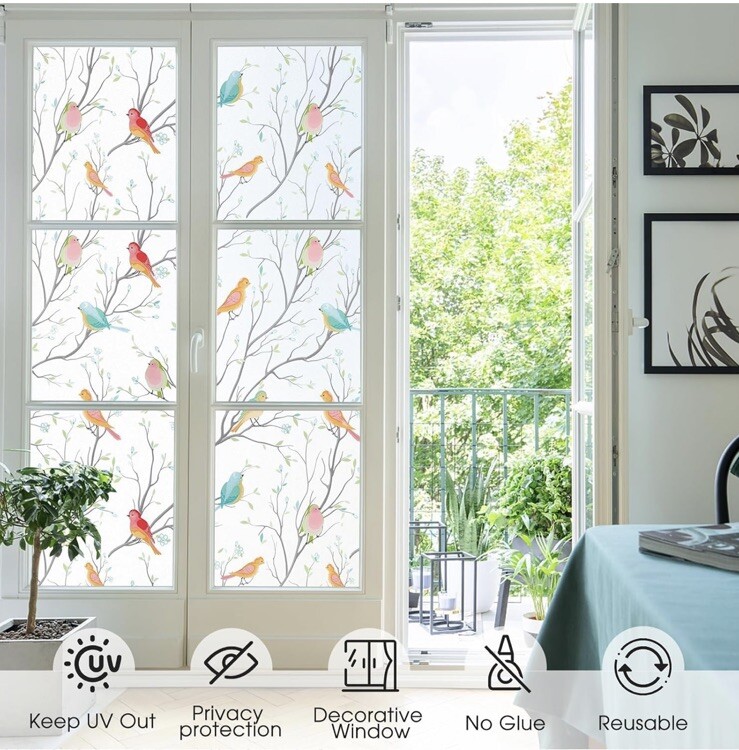 Coavas Window Privacy Film Decorative Bird Stained Glass Window Film Bathroom