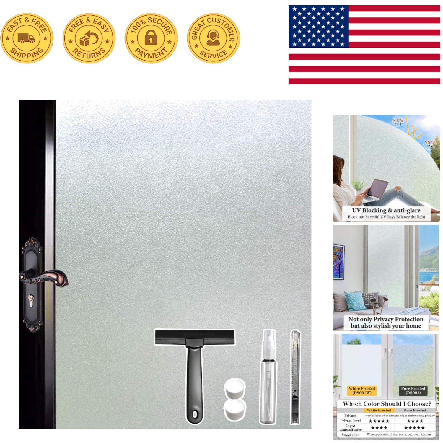 Static Cling Frosted Window Film 35.4 x 78.7 in – Easy Installation, Removable