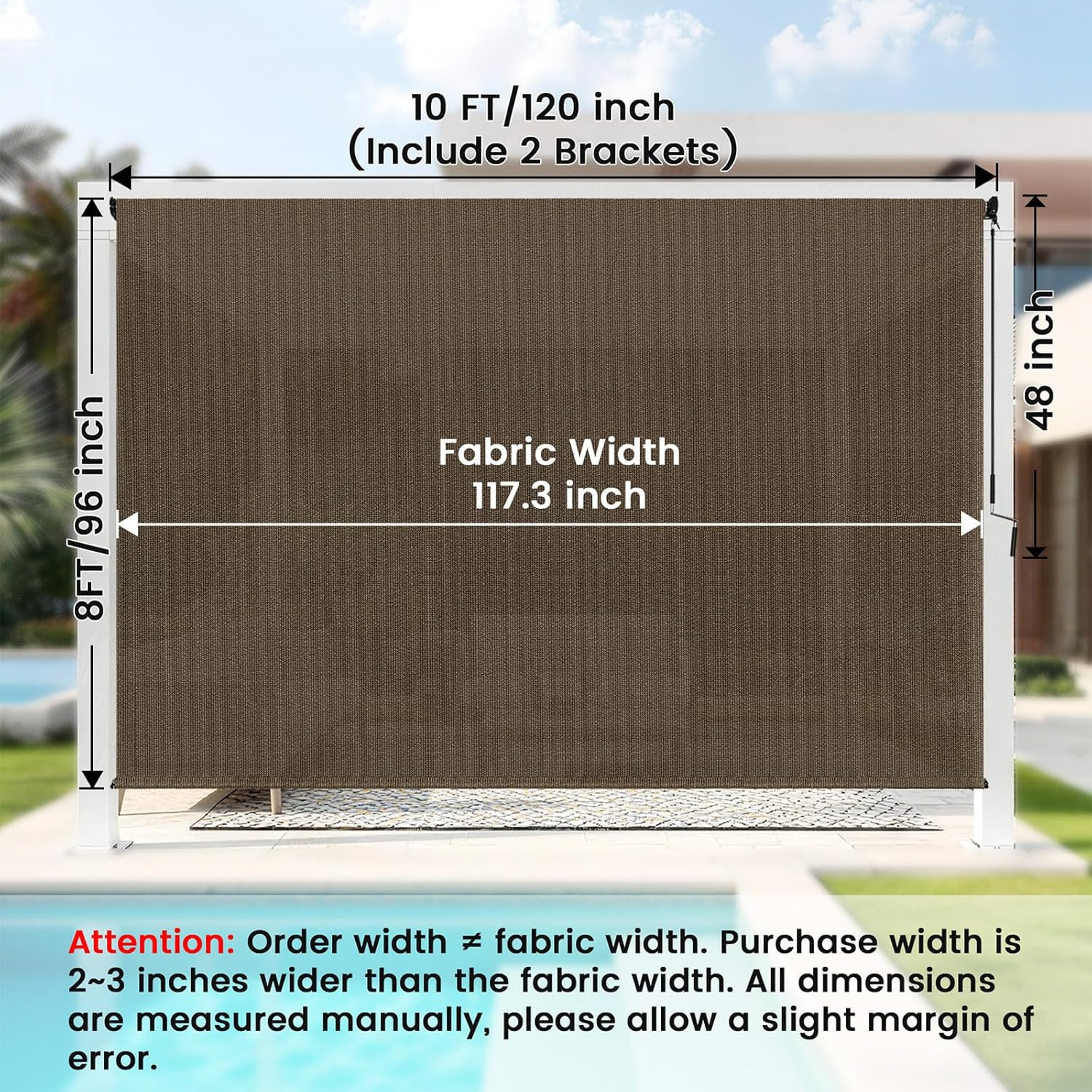 Mocha Outdoor Roller Shades 10′ W x 8′ H – 90% UV Protection Blinds