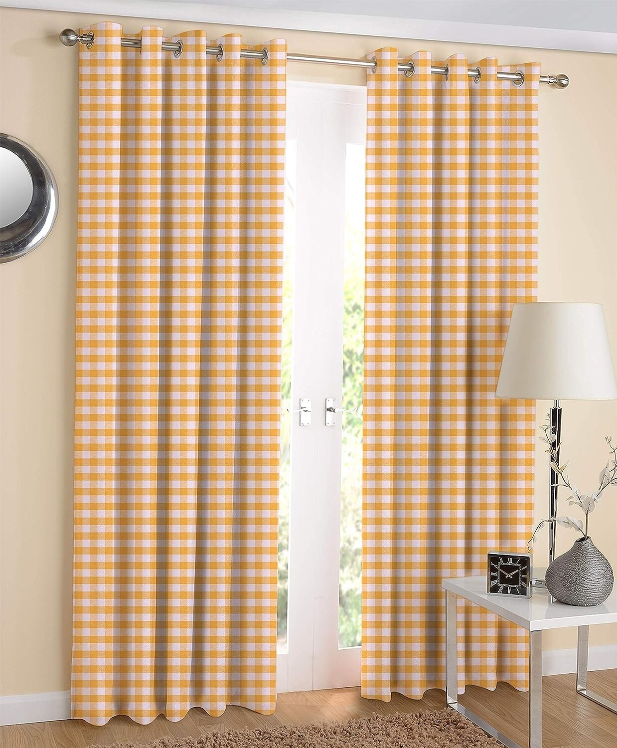 Cotton Checkered Door Curtain (Yellow, 4 x 7 ft) -Pack of 2
