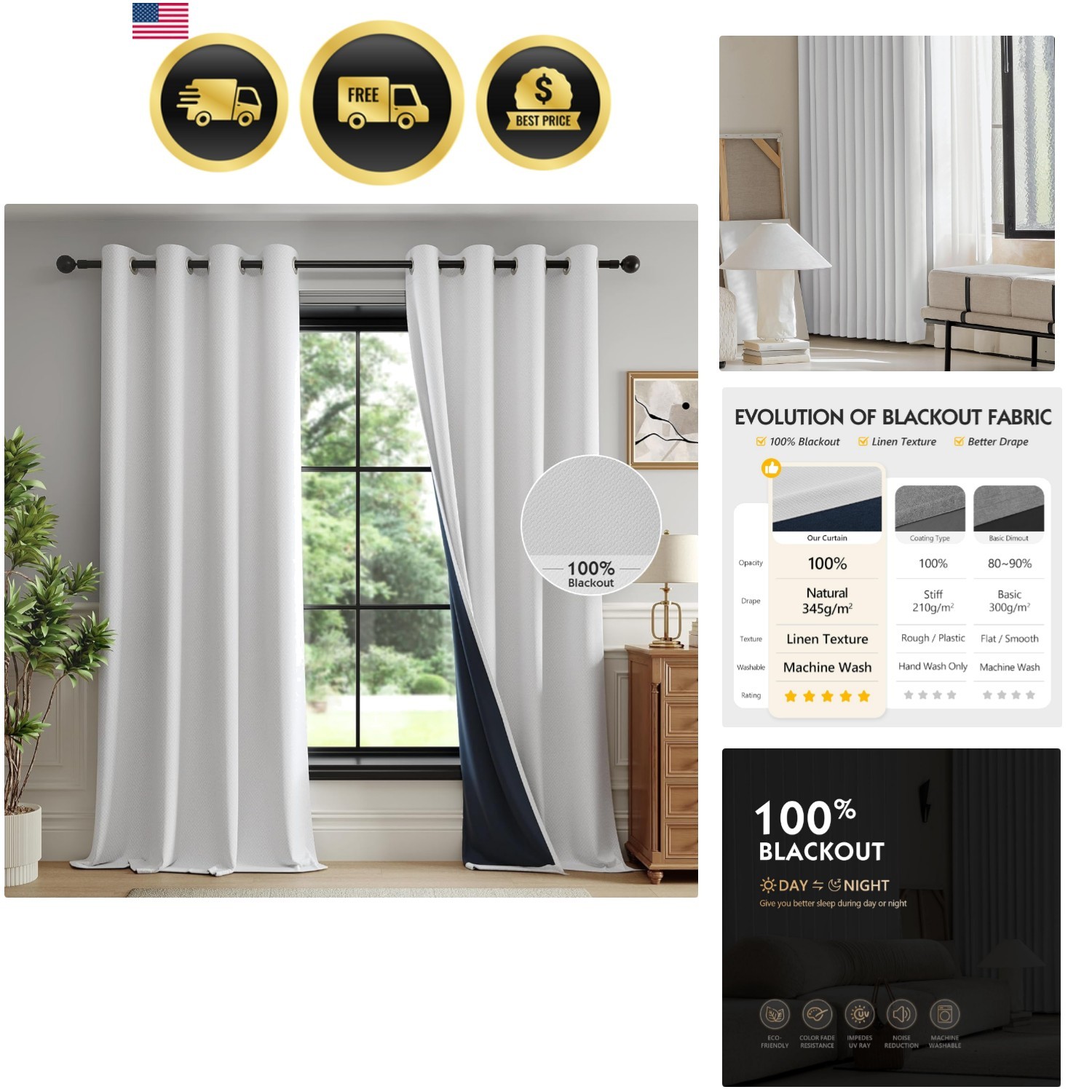 100% White Blackout Curtains for Living Room,White Weave Textured Curtains 90…