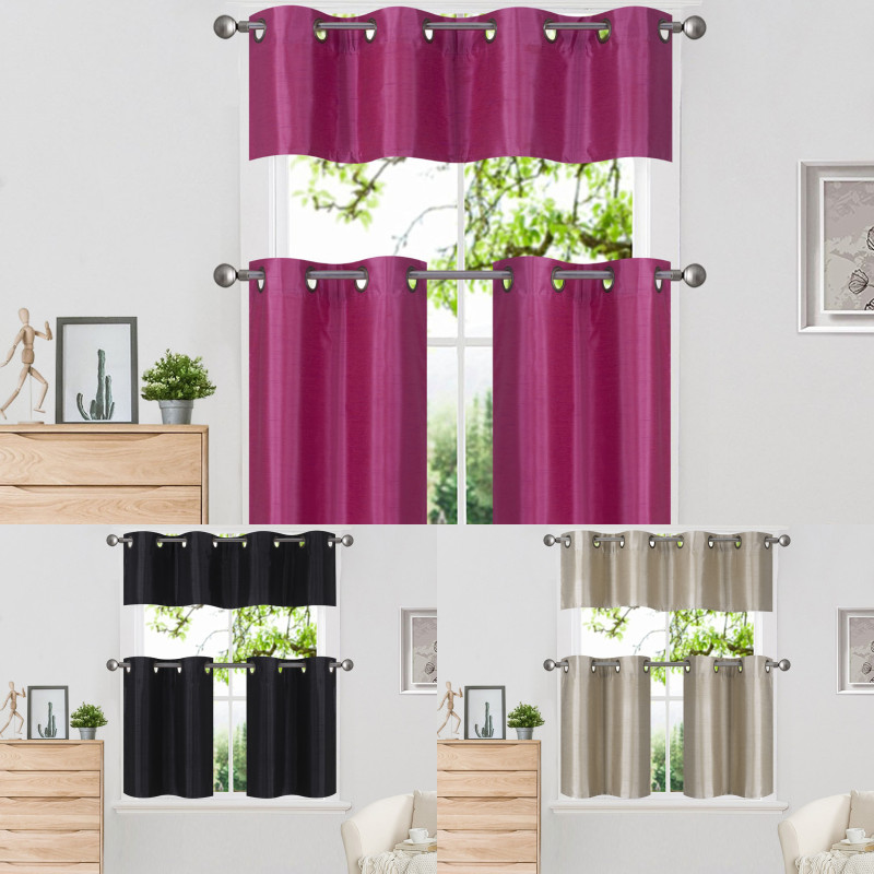 3PC THICK KITCHEN LIVING ROOM GROMMET WINDOW CURTAIN TIER & VALANCE SET (K7)