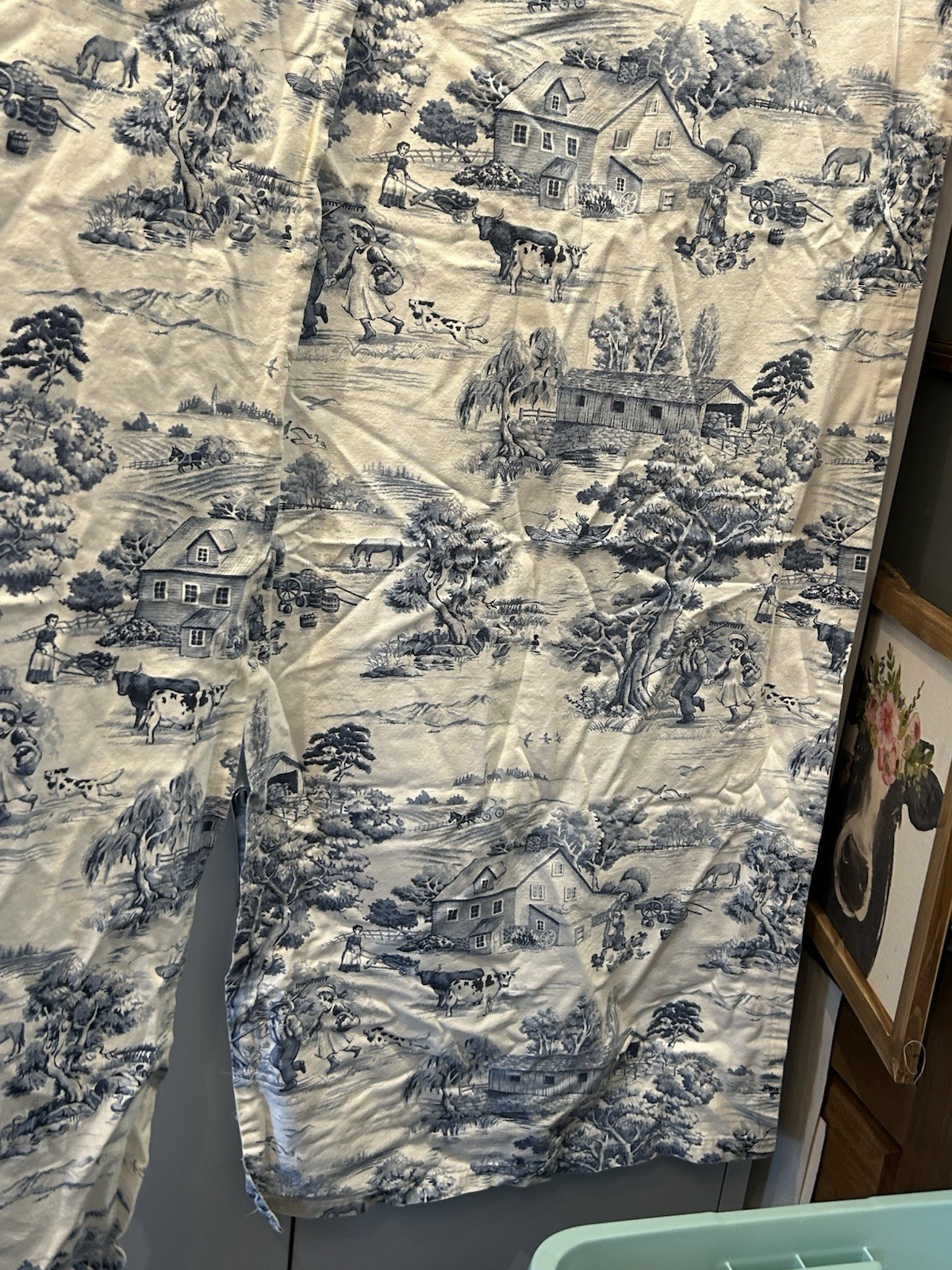 Blue White Farm Toile Fabric Curtains 2 Panels Farm house Country 49″ x 20″ L8