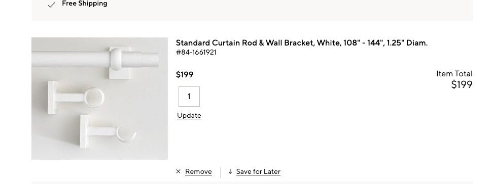 Pottery Barn Standard Curtain Rod & Wall Bracket 108-144″ ~ 1.25″d White NEW