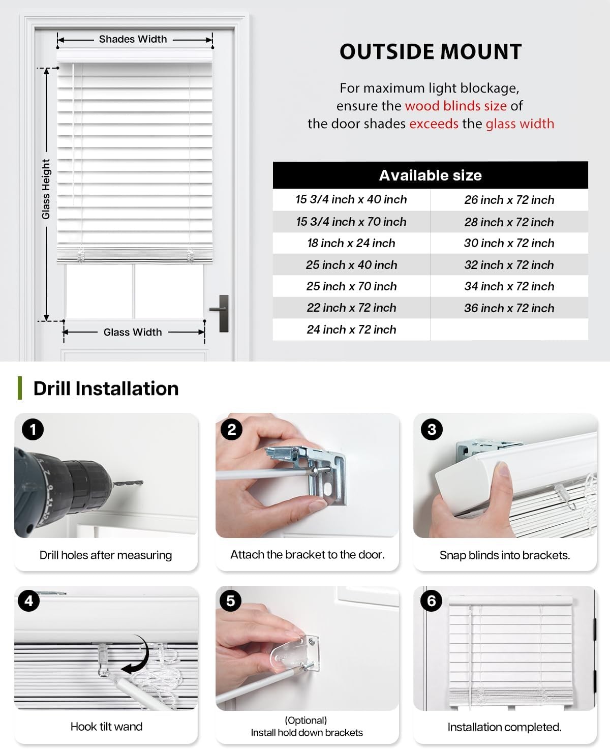 2″ Faux Wood Blinds for Doors, Cordless French Door Blinds for , Light Filtering