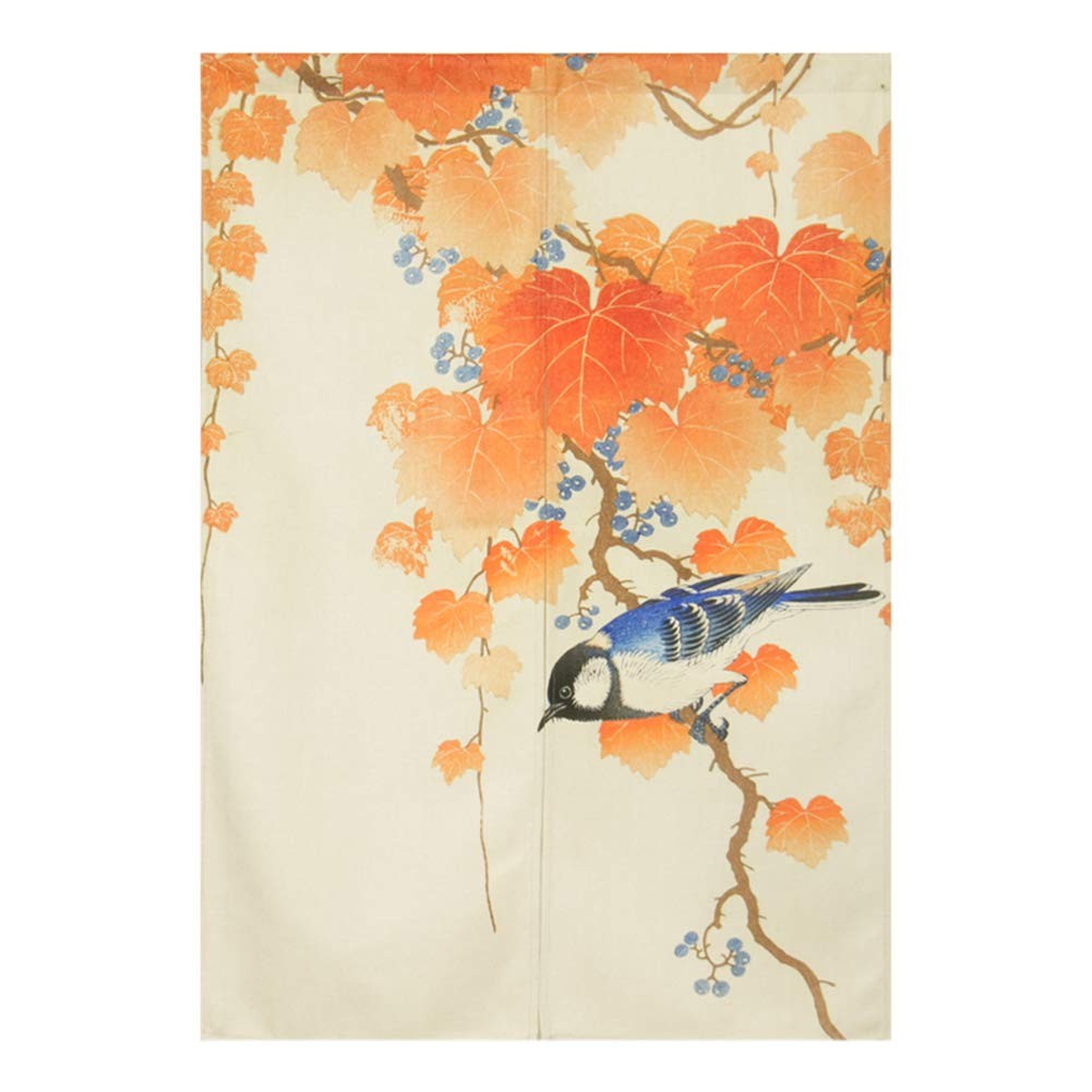 Japanese Noren Doorway Curtain Ink Painting Leaves and Bird Door Curtain Tape…