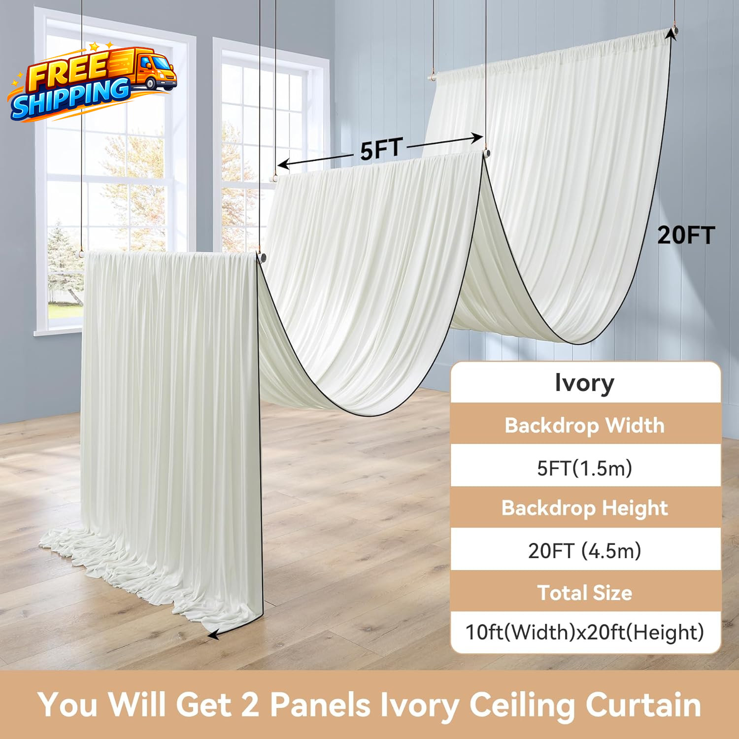 10Ft×20Ft Ivory Ceiling Drapes for Weddings Parties 2 Panels 5×20Ft Long Ceiling