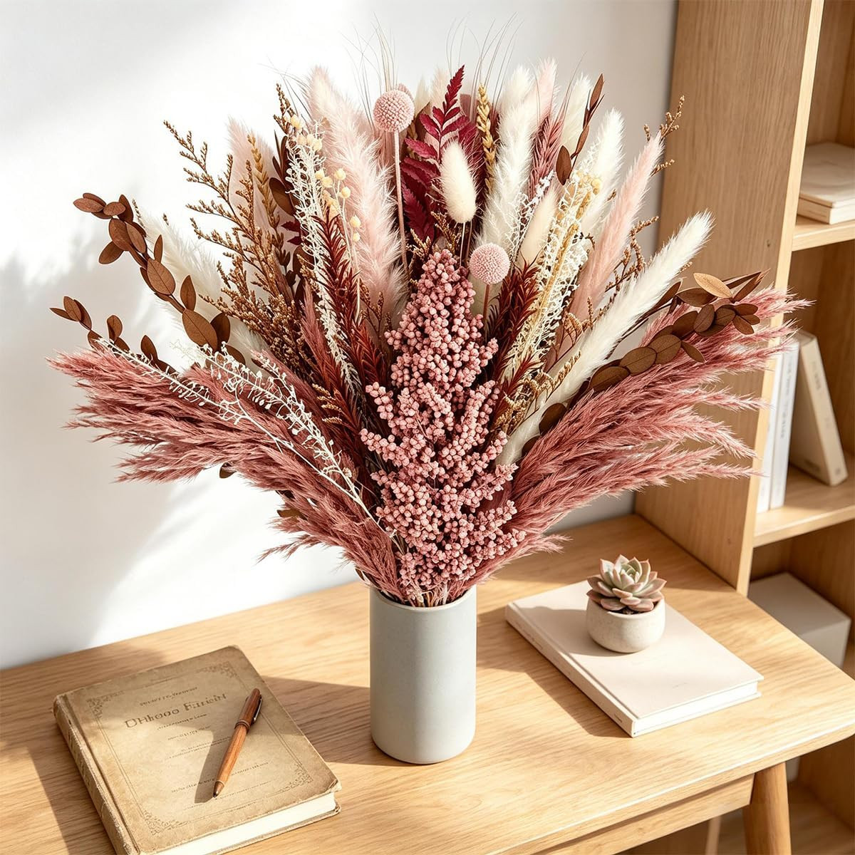 Dusty Rose & Terracotta Dried Pampas Grass Bouquet, Warm Boho Preserved Floral A