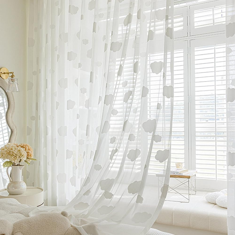 White Cloud Pattern Semi Sheer Curtains for Kids Bedroom | Light Filtering Rod P
