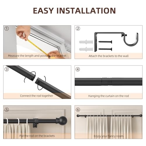 2 Pack Curtain Rods for Window 32 and 48, Black 5/8 inch Splicing Single