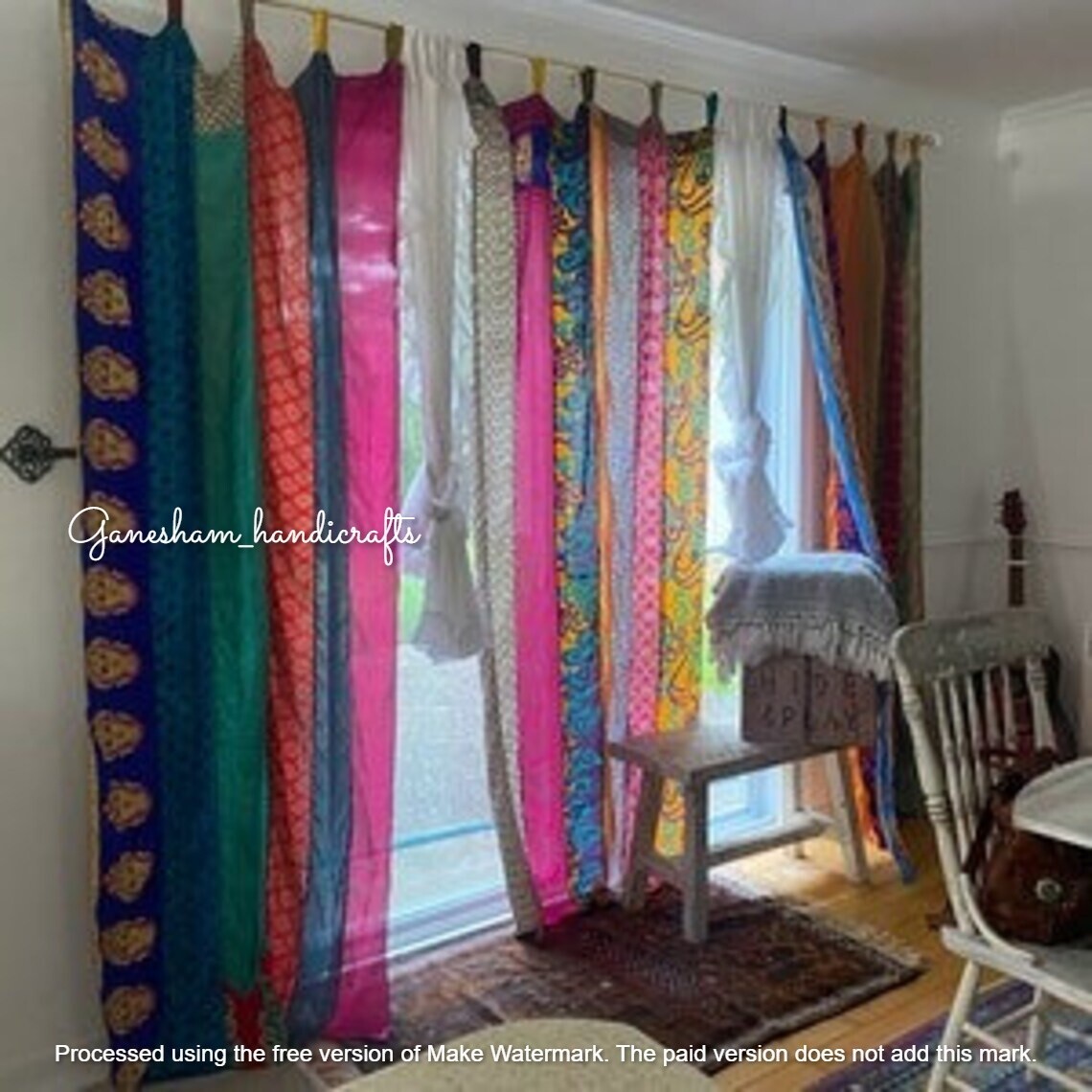2 Pc Indian Sari Patchwork Curtain Drape Window Decor Pink Silk Sari Curtain