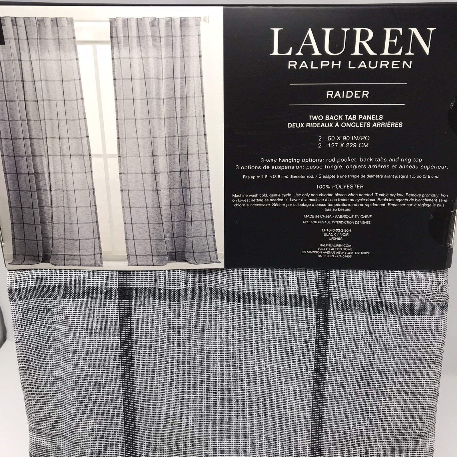 Ralph Lauren Raider 2-Back Tab/Rod Pocket Panels Curtain 50″ x 90″ in Black