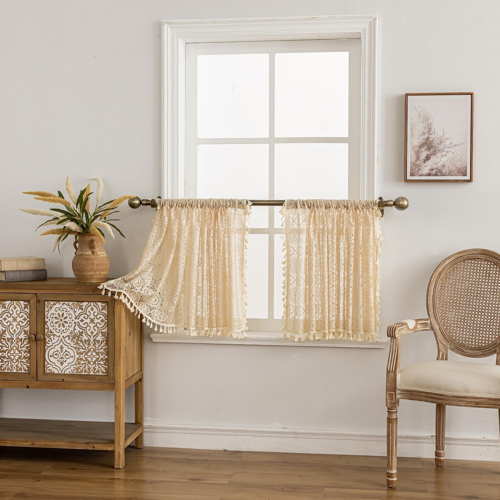 Boho Lace Curtains 24 inch Length 2 Panels, Vintage Floral Crochet Sheer Pane…