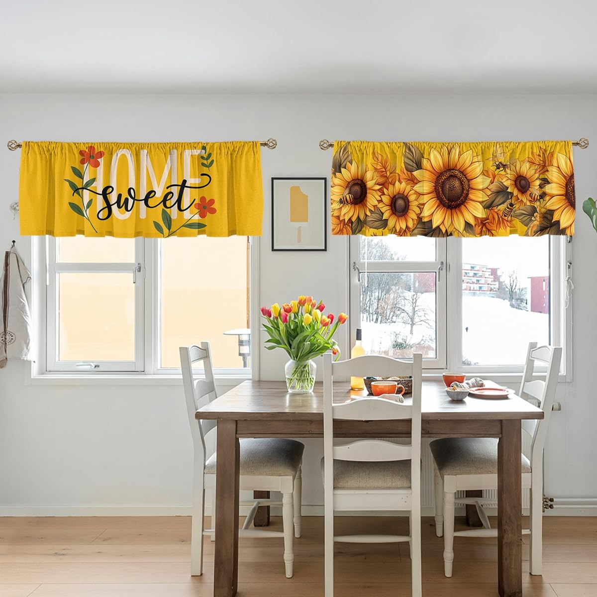 Flower Valance Curtain for Windows 2 Pack, Sunflower Bee Summer Garden Sweet …