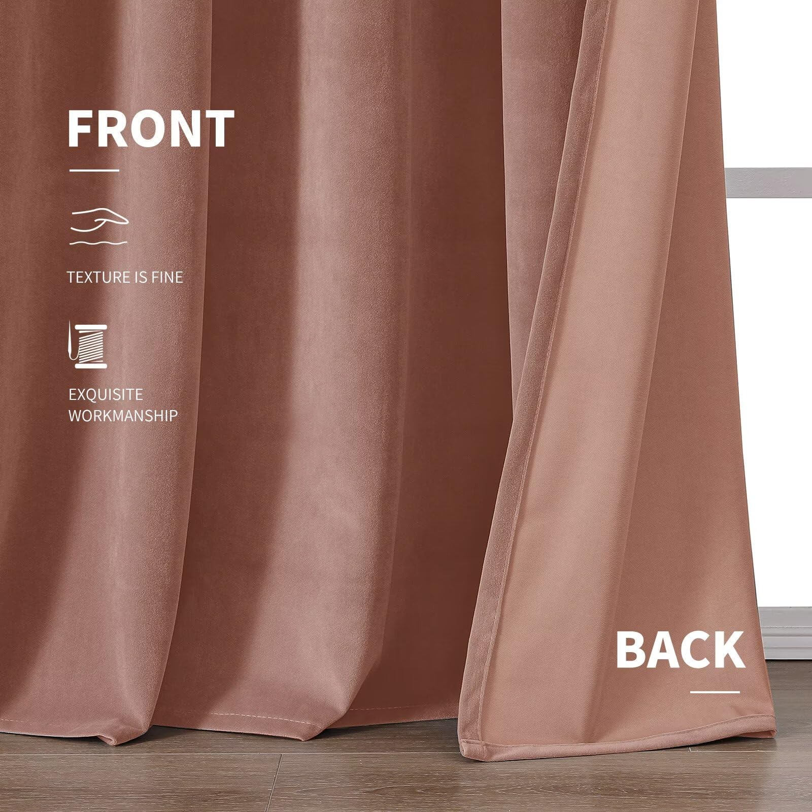 CUCRAF Pink Beige Velvet Blackout Curtains 72 inches Long, Thermal Insulated, No
