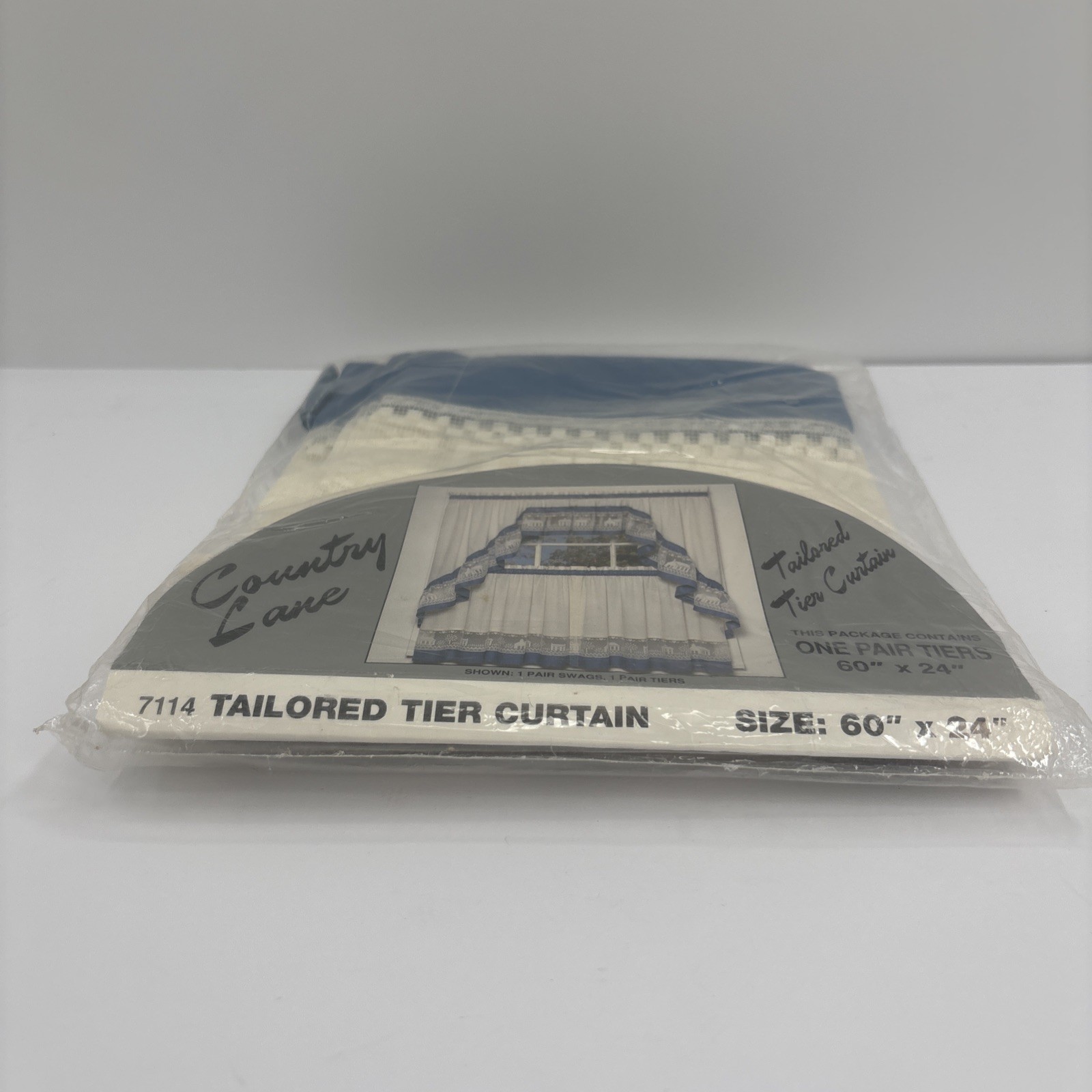 VTG 90s Country Lane Tailored Tier Curtains 60×24 Blue White Lace Cottage