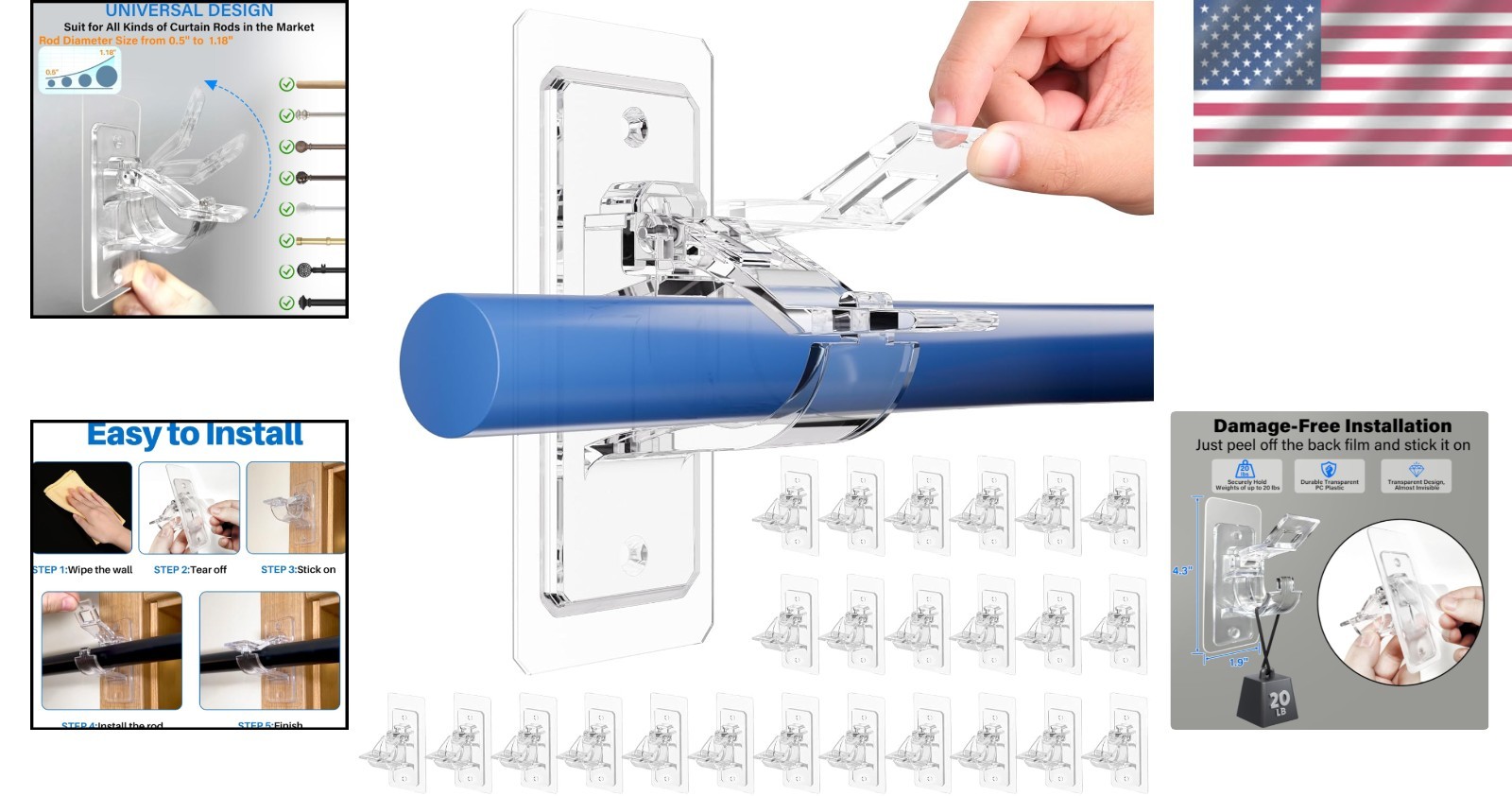 24 Pack Wall Mount Curtain Rod Holders No Drill Needed for Various Decor Styles